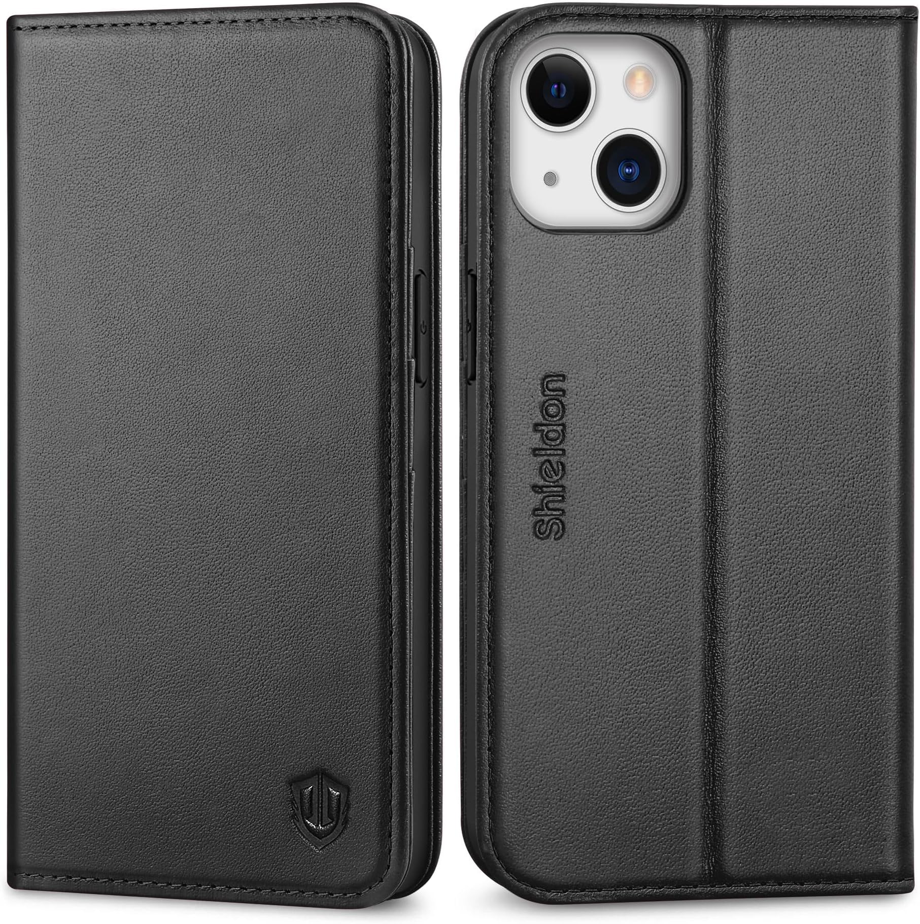 SHIELDON Genuine Leather Folio Wallet Case for iPhone 13 6.1" 2021, Black