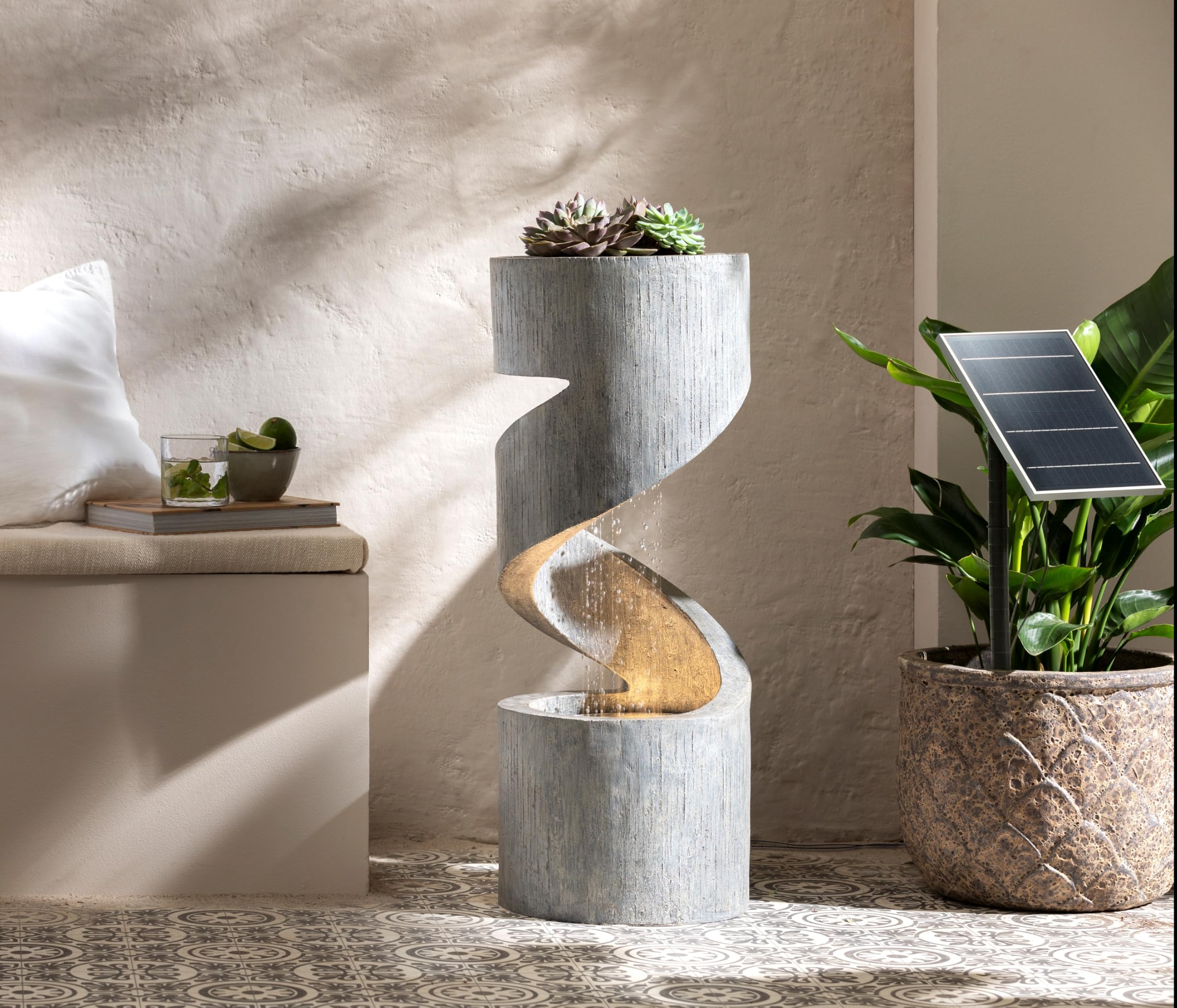 Dehner Gartenbrunnen Ronda, Solarbrunnen frostbeständig, Brunnen für Außen, mit LED Beleuchtung, ca. 79.5 x 31.5 x 31.5 cm, Polyresin, grau