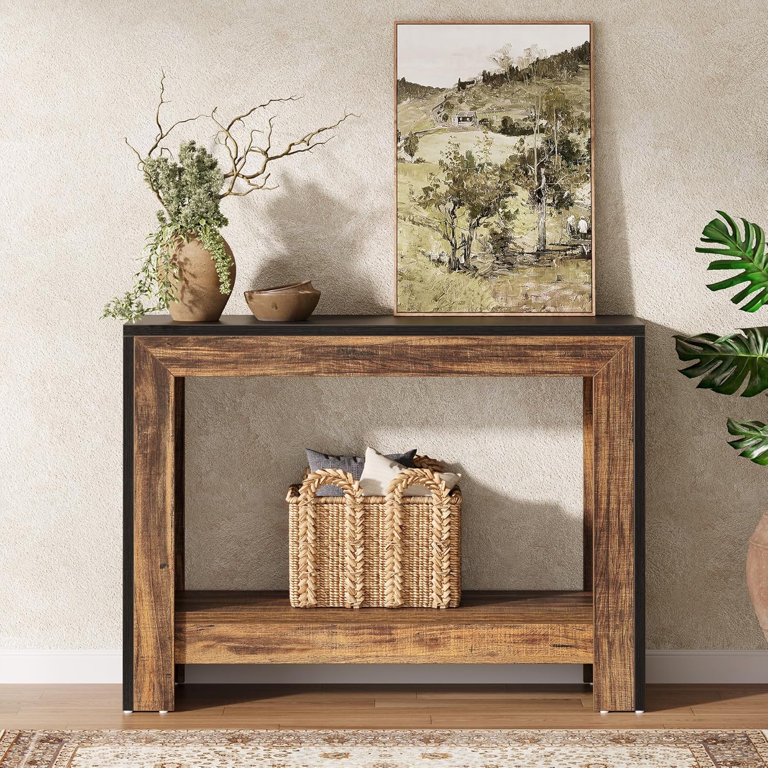 Tribesigns 41.3" Farmhouse Console Table, Behind Couch Sofa Table with Open Storage Shelves for Living Room, Hallway, Foyer, Easy Assembly, Black + Brown