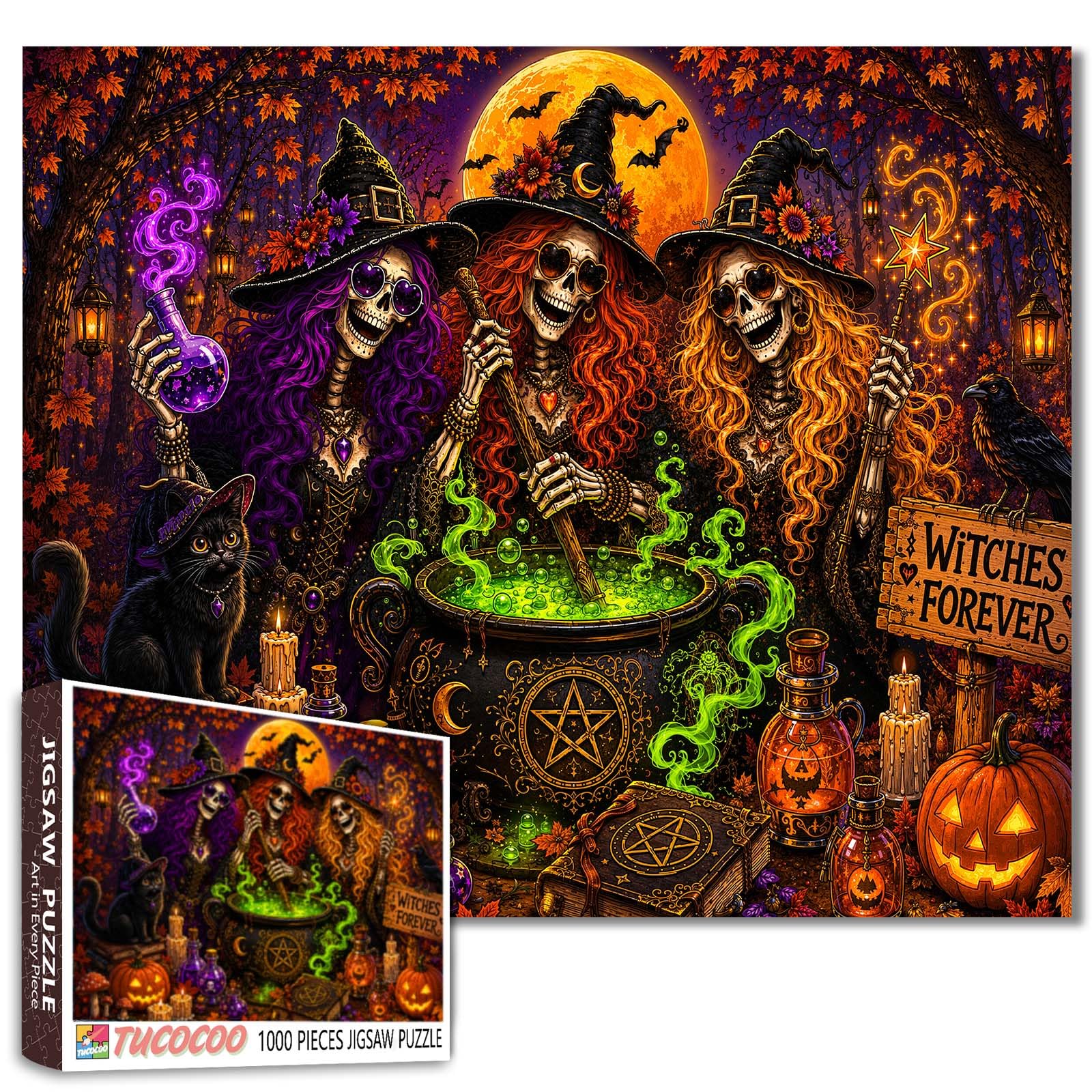 Halloween Witch Jigsaw Puzzle 1000 Pieces Skeleton Witchcraft Party Puzzles for Adults, Spooky Autumn Gothic Fantasy Colorful Art Puzzle for Challenging Family Game Nights Home Wall Decor Gifts โ image 1