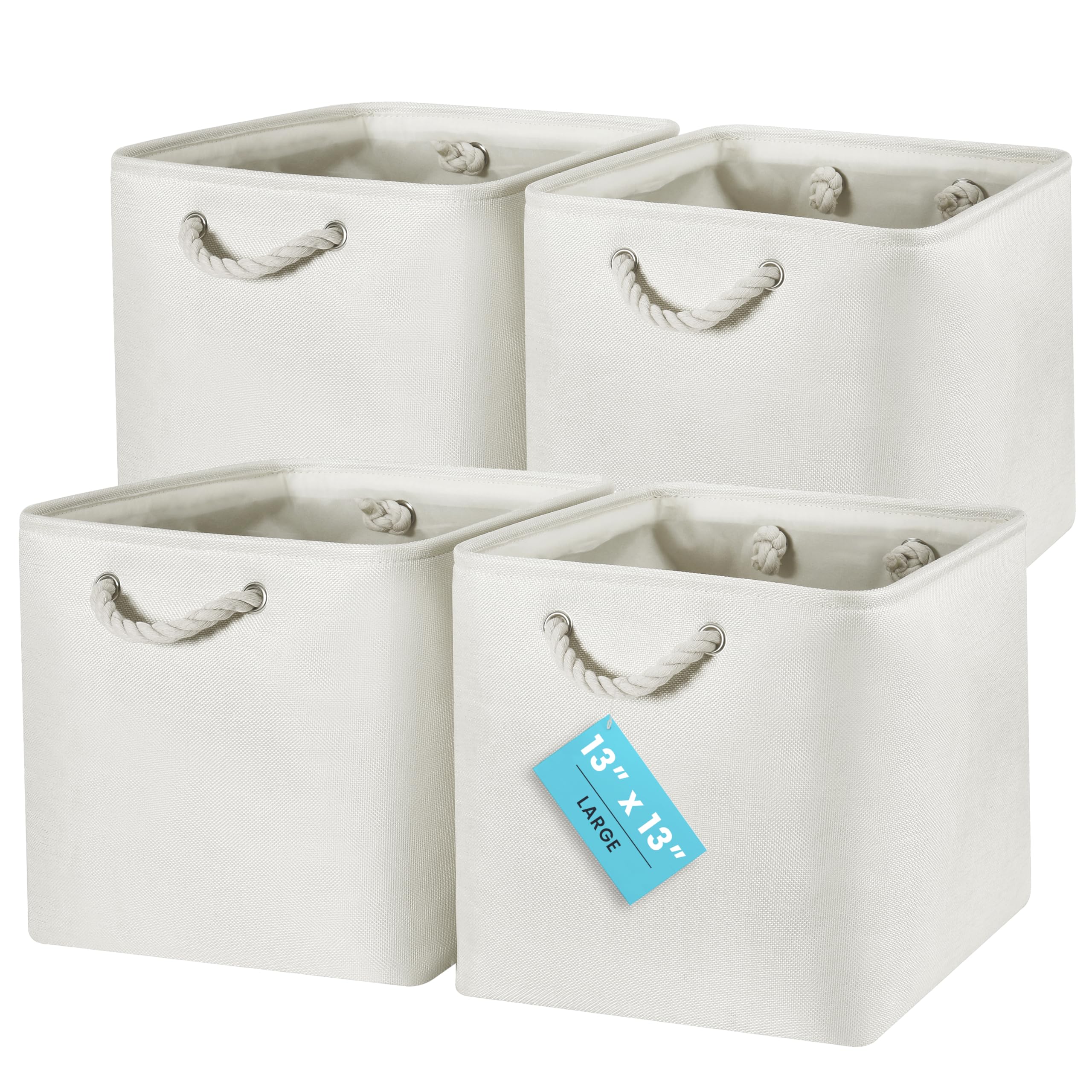 OrganiHaus Fabric Storage Boxes, Set of 4 Foldable 33X33 Cube Organiser Bins with Rope Handles for Shelves, Nursery & Closet, Collapsible Storage Baskets for Toys, Clothes & More - Off-White