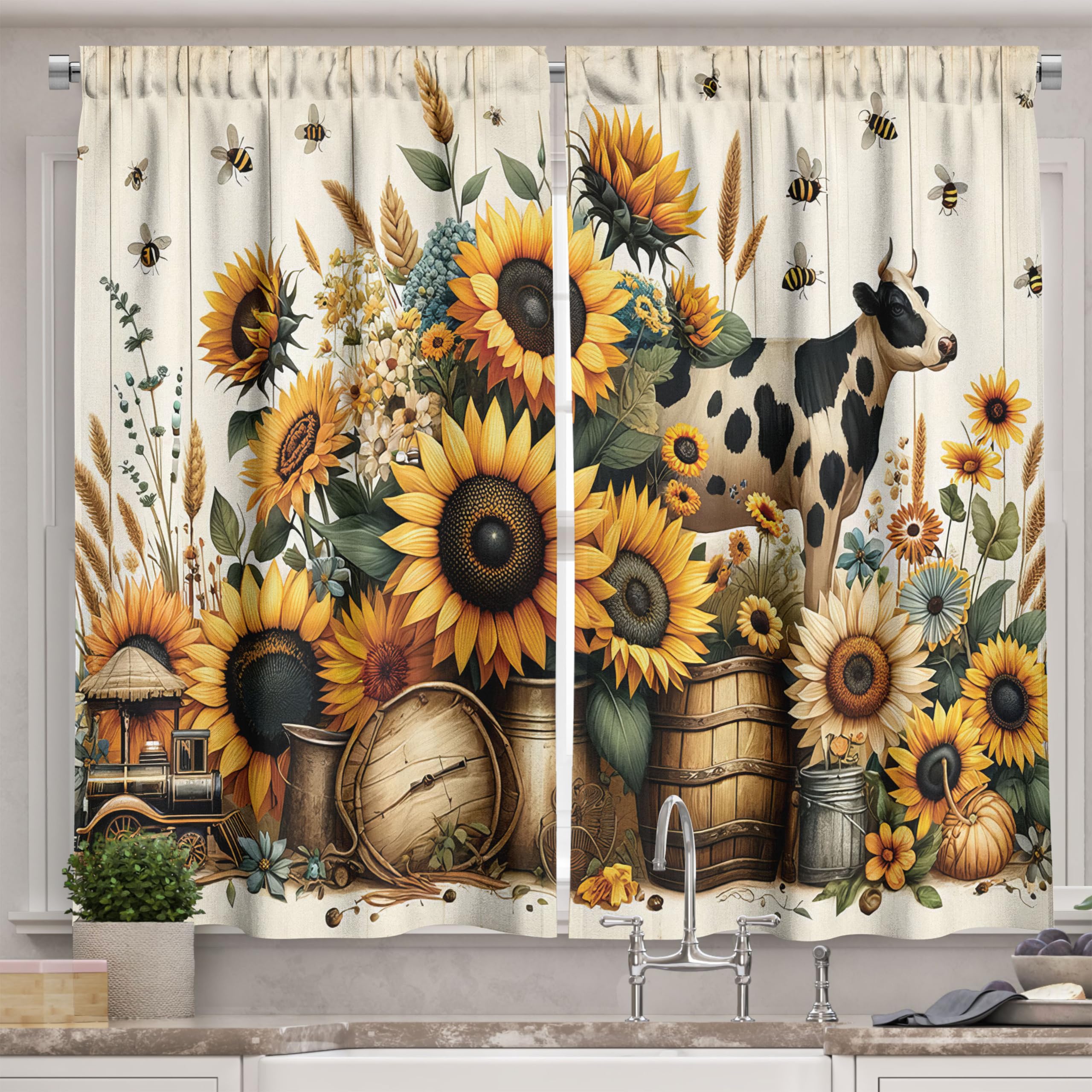 Ambesonne Farmhouse Kitchen Curtains, Rustic Themed Print of Cow and Sunflowers Blooming Cottagecore, Window Drapes 2 Panel Set for Kitchen Cafe Decor, 55
