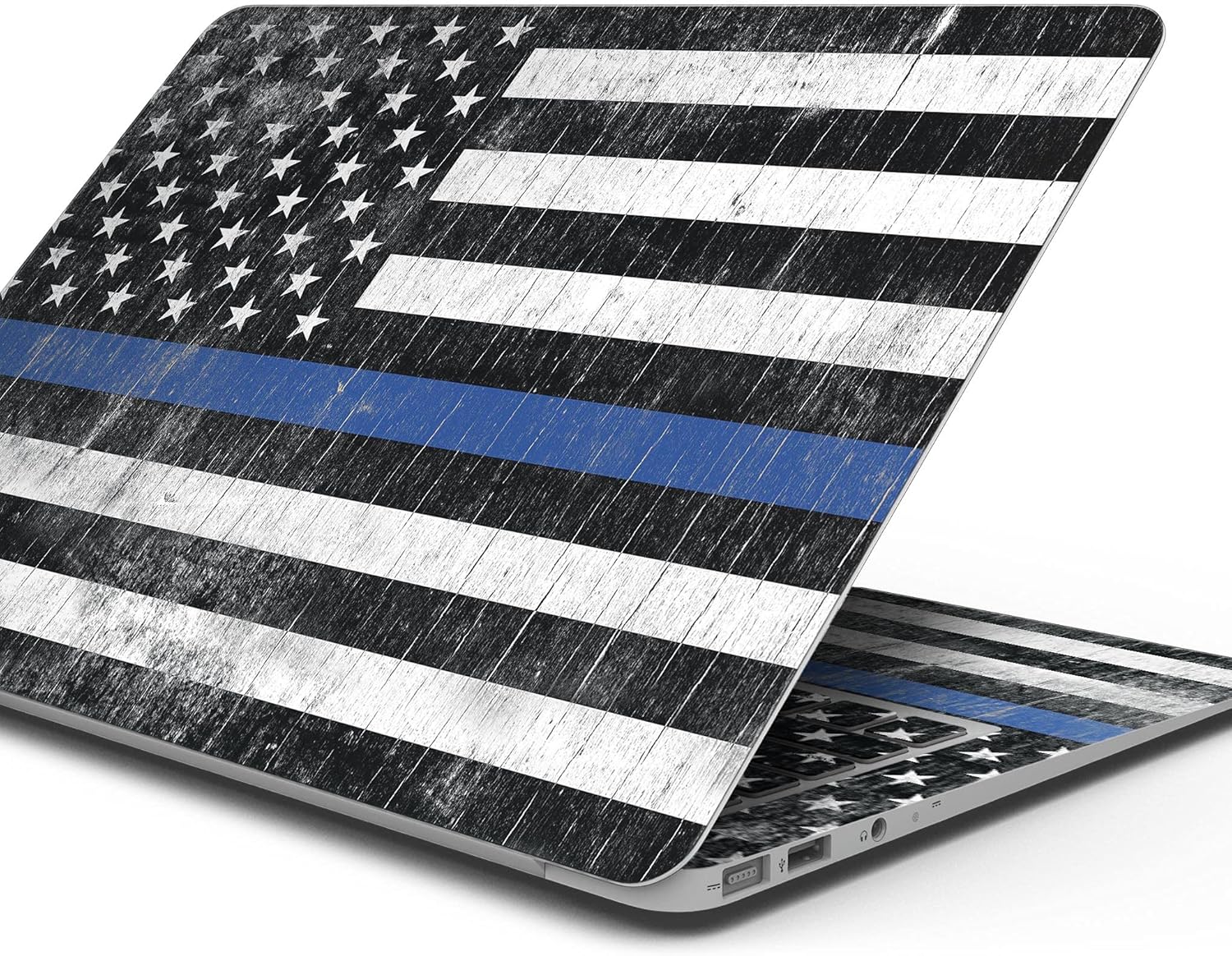 DesignSkinz - Distressed Wood Patriotic American Flag with Thin Blue Line - Full-Body Wrap Protective Decal Skin Kit Compatible with MacBook 16" Pro M1 (A2485)