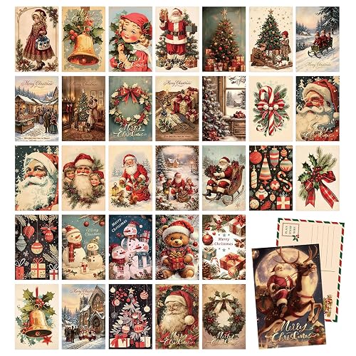 32 Vintage Christmas Postcards, Santa Claus Snowman Reindeer Pattern, Blank