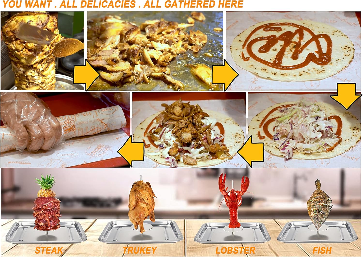 Stainless Steel Vertical Skewer for Barbecue Grill, For Tacos Al Pastor, Shawarma, Brazilian Churrasco, Removable Grilling Rack Meat Spit (With Bakeware)