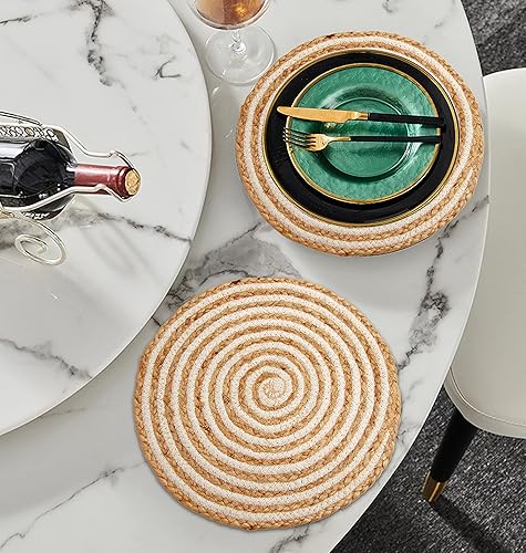 Miniatura 2 de Mantel individual redondo de algodón natural blanco y yute de 13 pulgadas, decorativo, elegante, hermoso, de algodón, trenzado, perfecto para