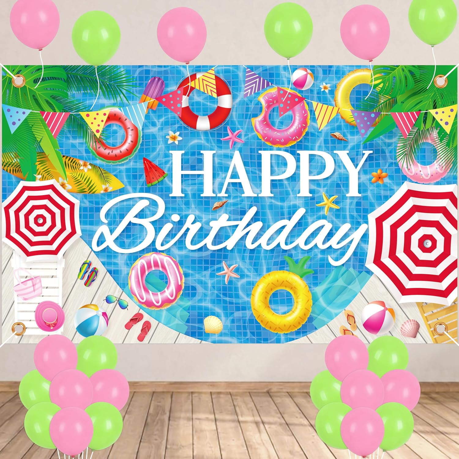 Happy Birthday Banner Pool Party Decorations- Summer Backdrop for Beach Hawaiian Luau Tropical Aloha Theme Decor Supplies