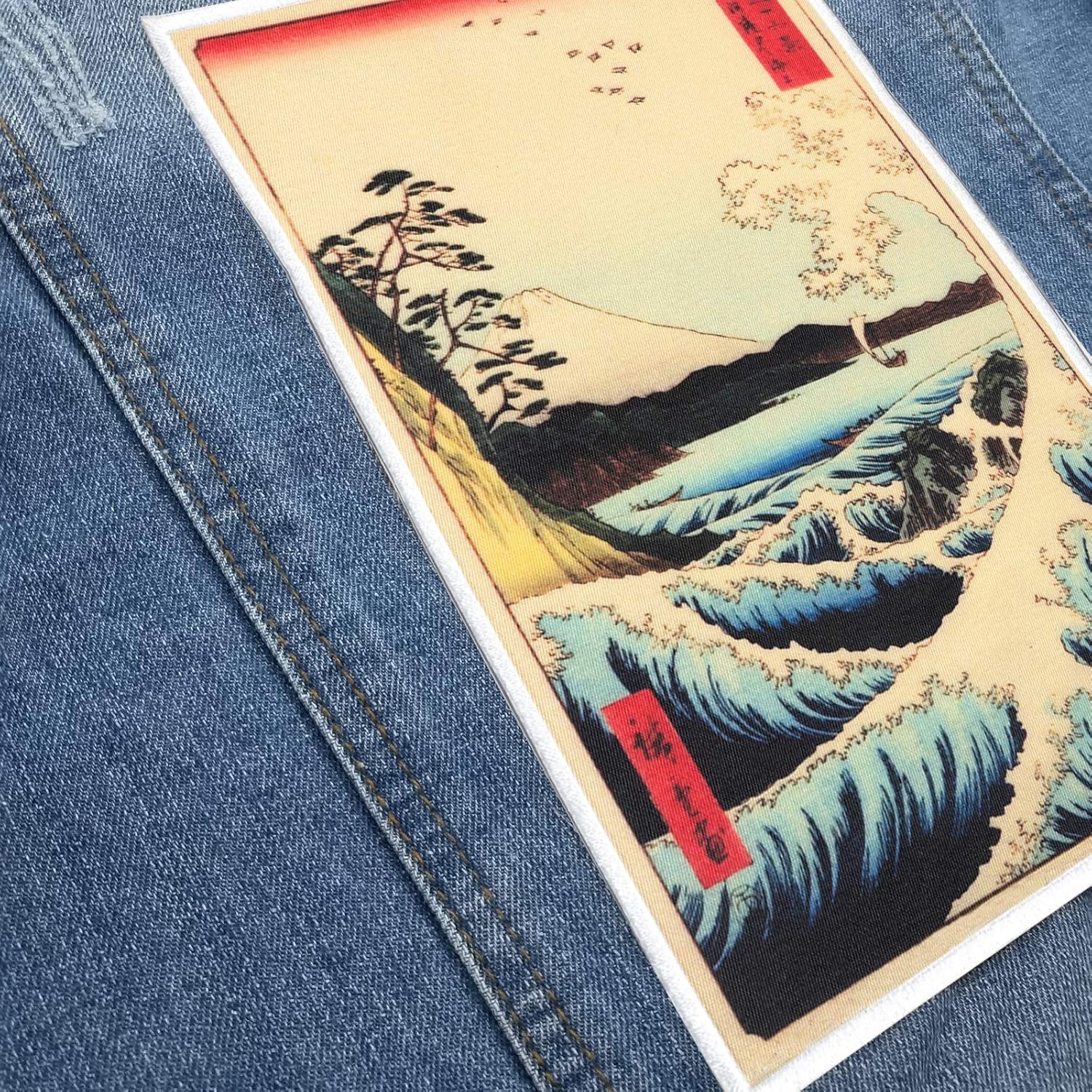 Japanese Art Coastline Patch Waves Large Embroidered Iron on Foto