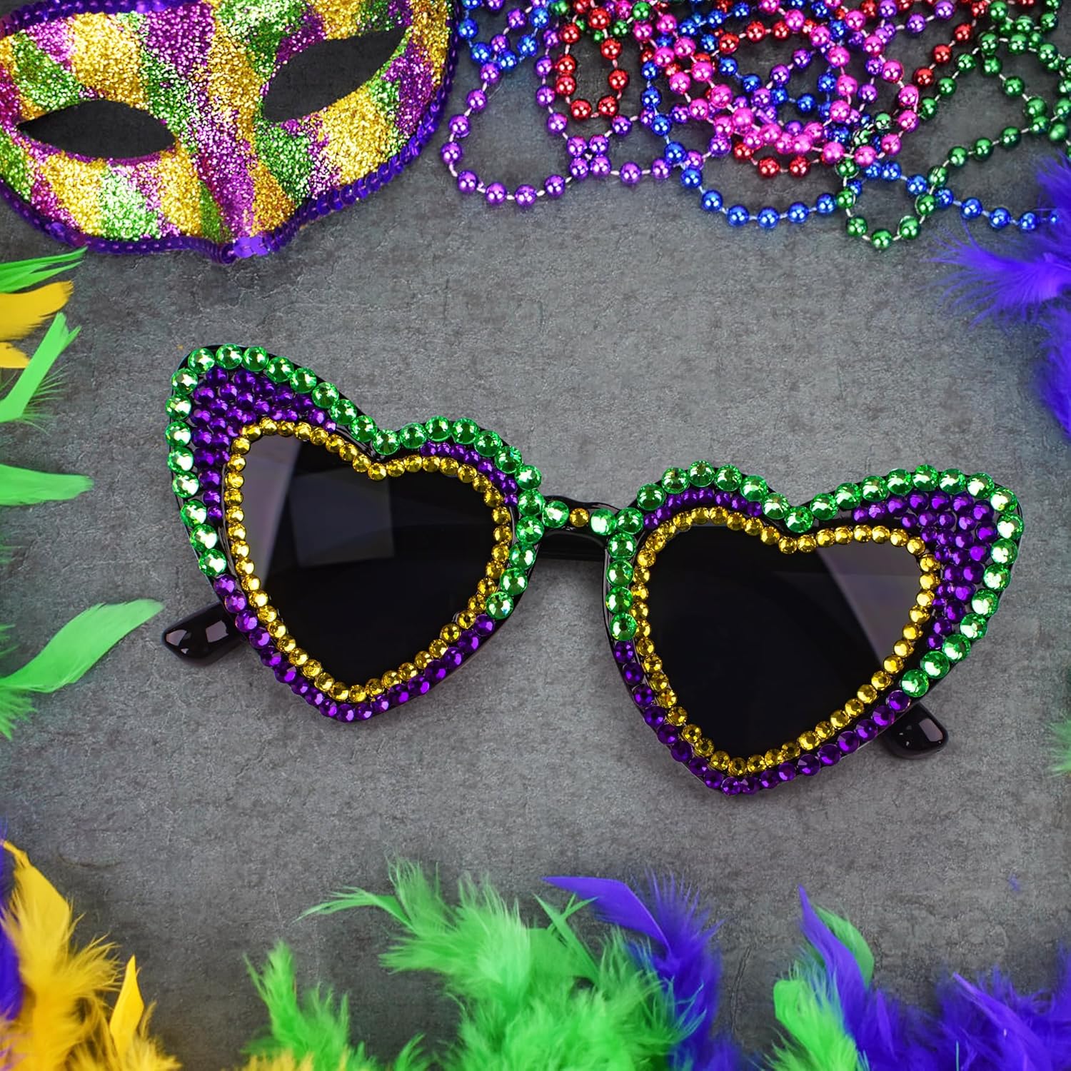 Mardi Gras Glasses - Heart Shape Mardi Gras Sunglasses with Rhinestone for Women Outfit for Carnival Accessories - Image 3