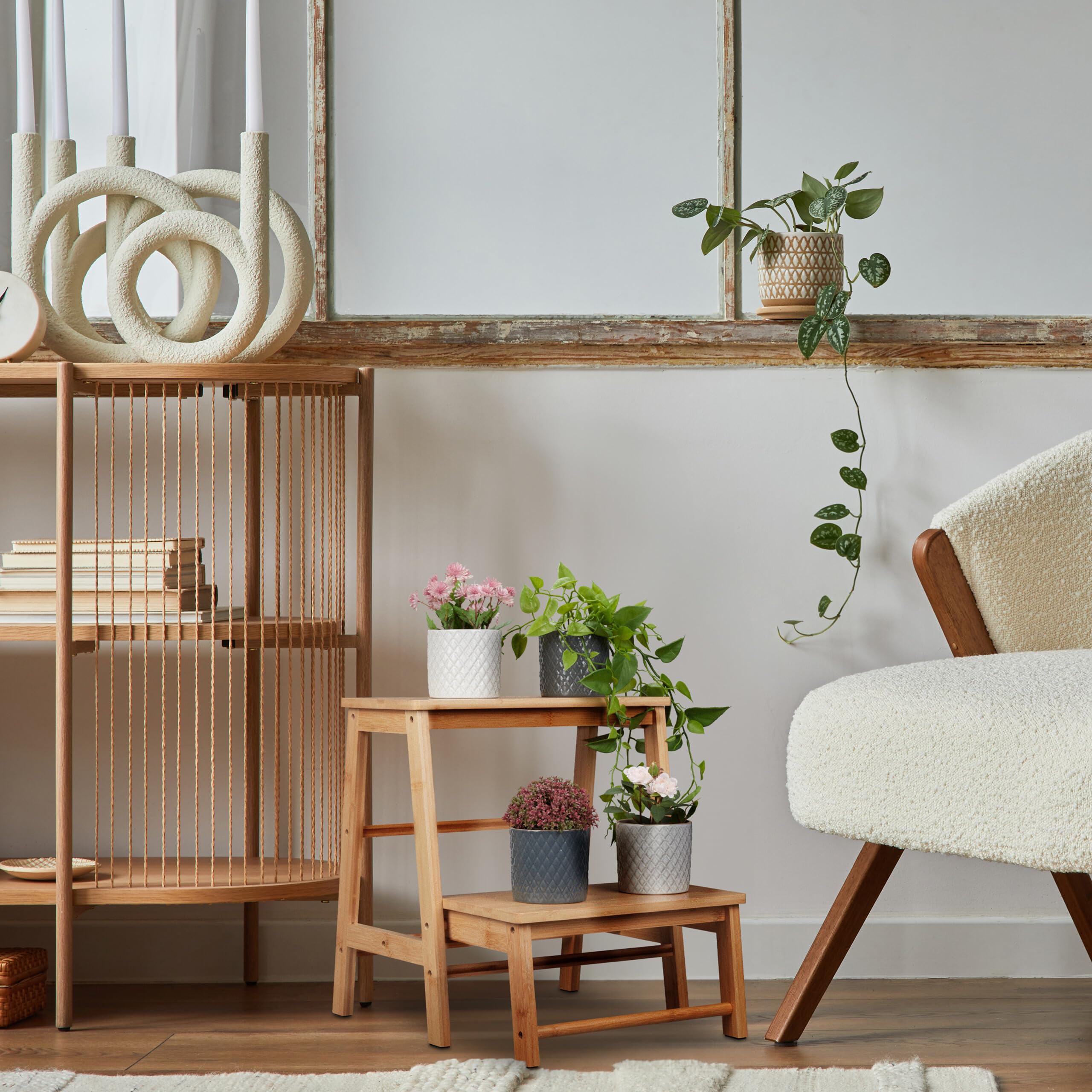 Relaxdays Taburete Plegable 2 Escalones 100 kg Bambú Natural 48 x 45 x 51 cm