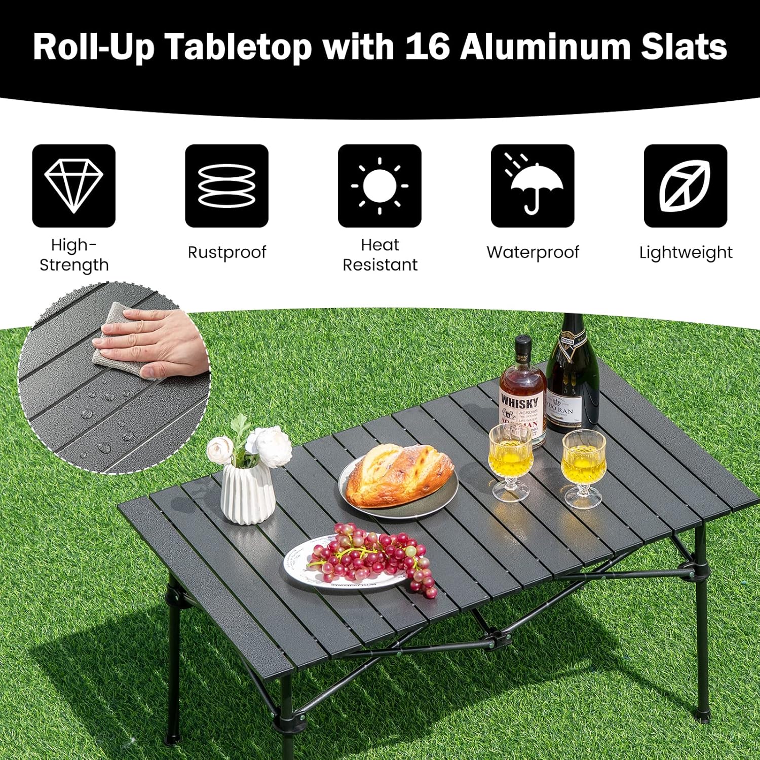 Giantex Folding Camping Table, 38" L Roll-Up Lightweight Picnic Table with Large Aluminum Tabletop & Carrying Bag, Portable Outdoor Folding Table for Hiking, Backpacking & Fishing