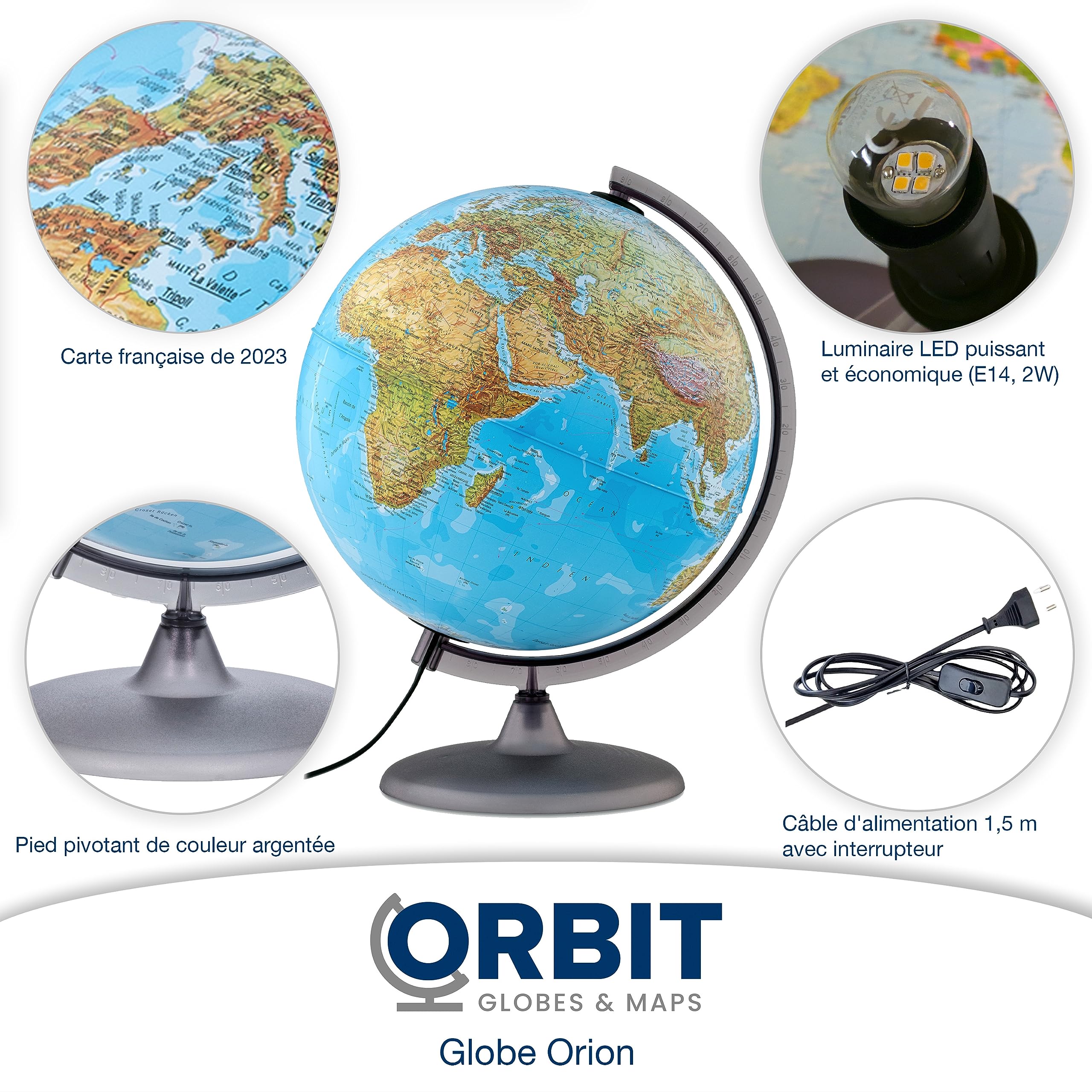 ORBIT GLOBES & MAPS - Globe lumineux - globe de 30cm avec pied stable, image de carte 2023 physique/politique avec lampe LED, image de carte française actuelle
