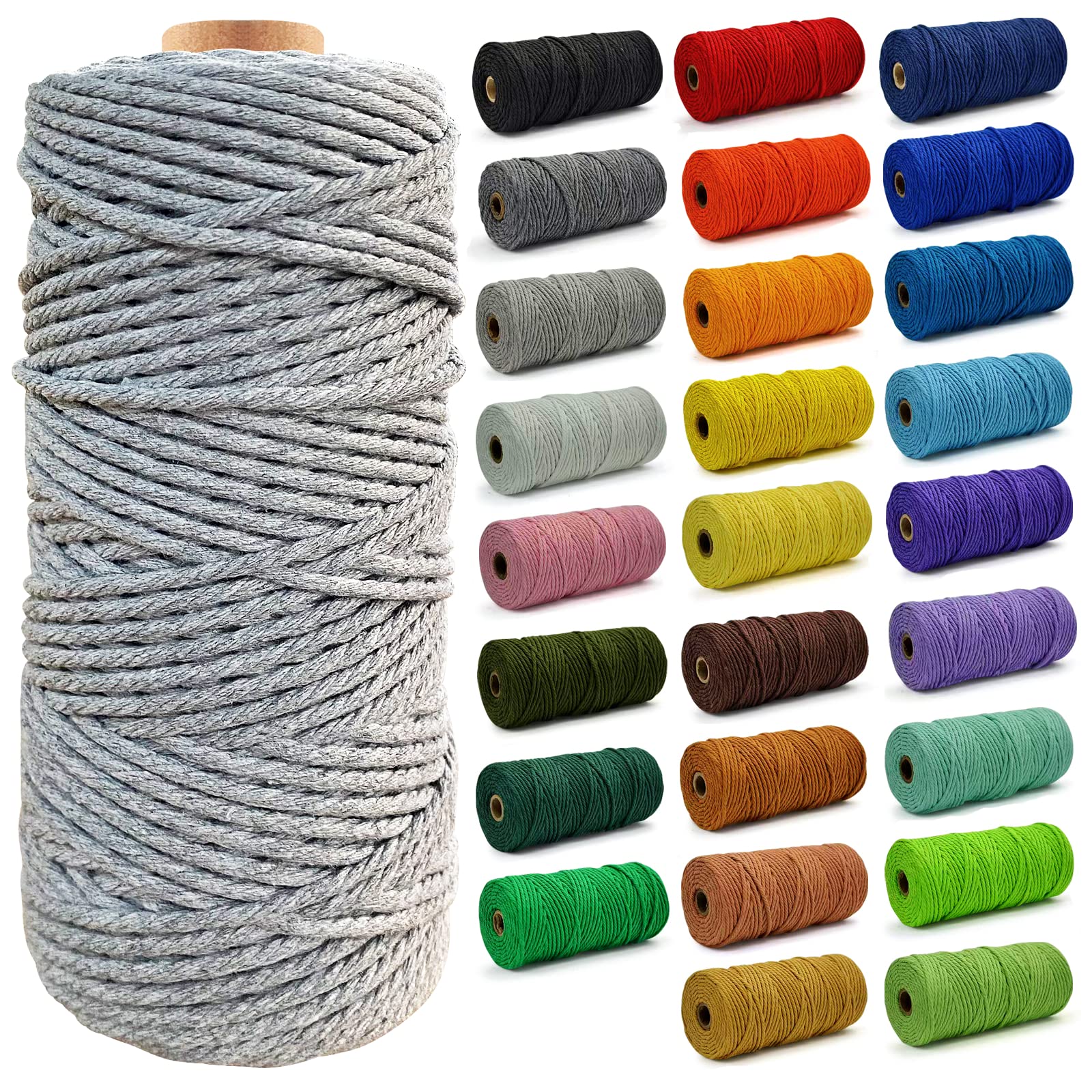 Hdviai Macrame Cord - Natural Unbleached Macrame Rope - 4 Strand Twisted Cotton Rope for Wall Hanging，DIY Craft Making，Plant Hangers，Knotting Decorative Projects (3mm x 220Yards, White Grey)