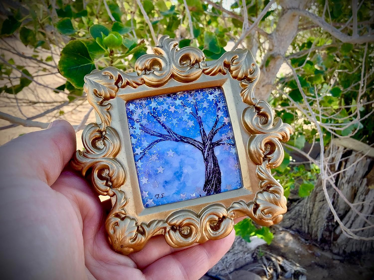 Miniature Painting, Tree Painting, Watercolor Tree Painting, Tree of Dreams, Tree of Stars, Gold Gilded Standing Frame, Framed Original Art