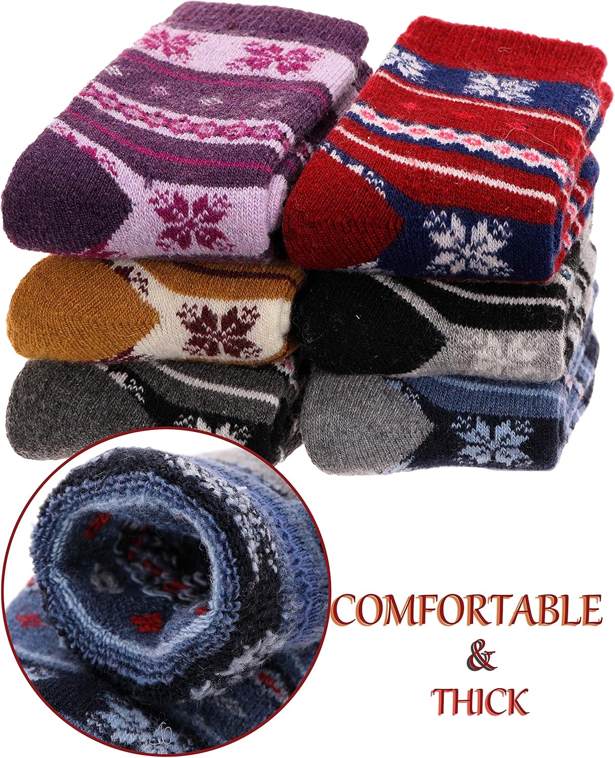 ProEtrade Merino Wool Socks for Kids Toddlers Boys Girls Thick Thermal Warm Winter Hiking Heavy Cozy Crew Socks 6 Pack - Image 2