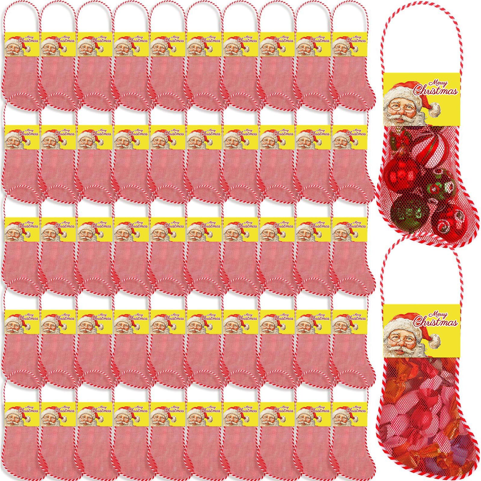 Leyndo 100 Pcs Long Mesh Christmas Stockings Bulk with 50 Pcs 18 Inches Christmas Stockings 50 Pcs Retro Santa Header Card Candy Cane Xmas Stockings for Event Gift Stuffing Family Holiday Xmas Party