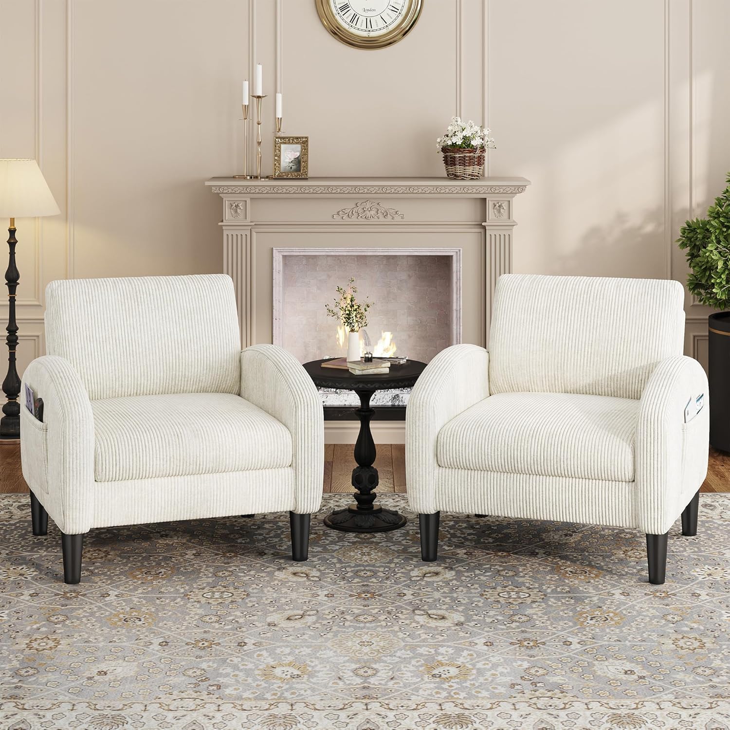 Accent Chairs Set of 2,Comfy Living Room Chair with 2 Side Pockets,Mid Century Modern Reading Chair for Bedroom,Upholstered Armchair for Office, Apartment, Small Room,Beige