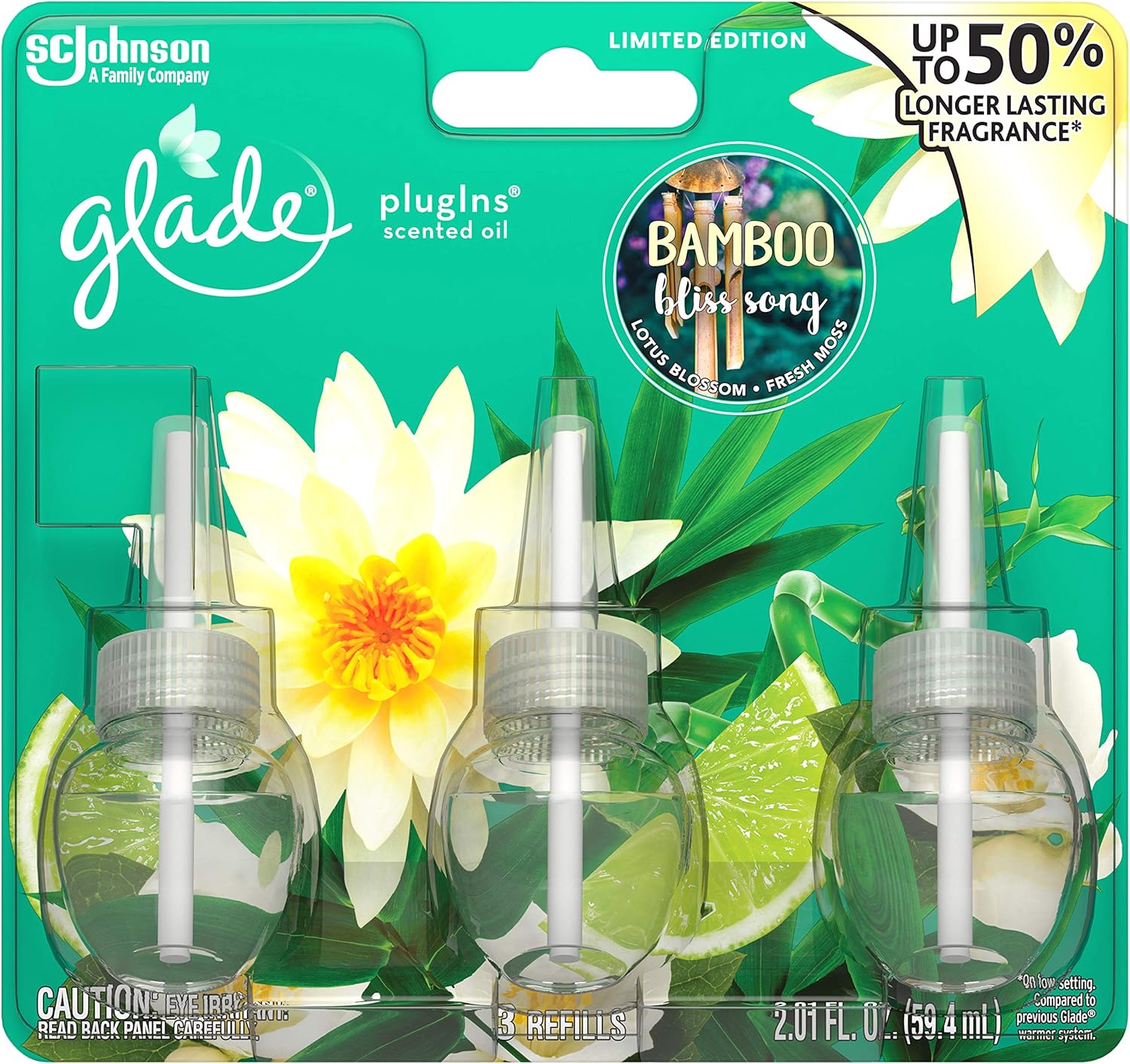 Glade PlugIns Scented Oil Air Freshener Refill - Limited Edition | Bamboo Bliss Song Scent - 3 Count Oil Refills Per Package (0.67 Ounce Each) - One (1) Package (Total - 2.01 Fl. Oz.)