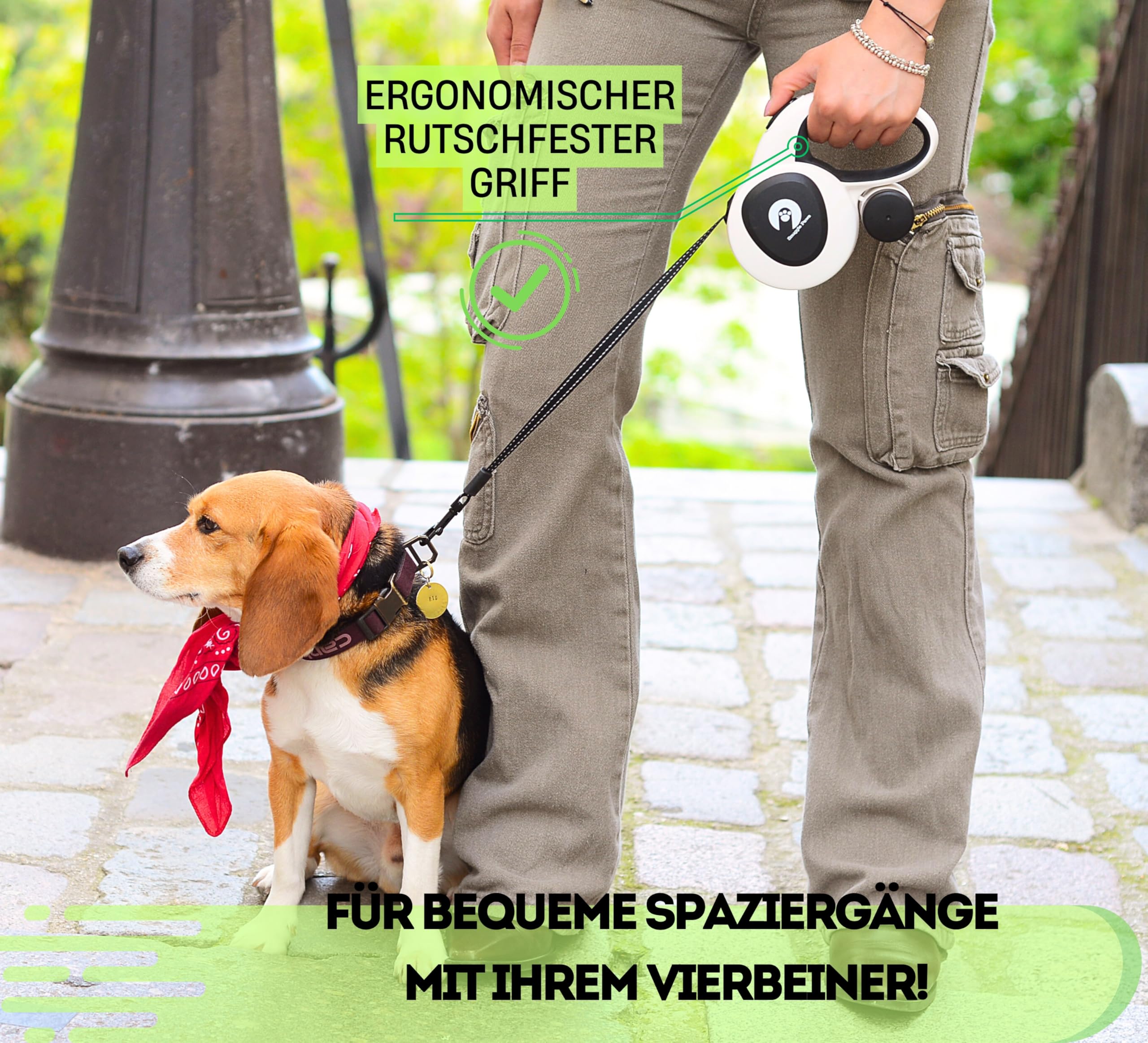 Snuggle Paws Ausziehbare Hundeleine 5m – Kompakt & Leicht: LED-Lampe, Integrierter Kotbeutelspender, Anti-Kau-Stahlseil, Reflektierendes Nylonband | Rollleine für kleine Hunde bis 20 kg