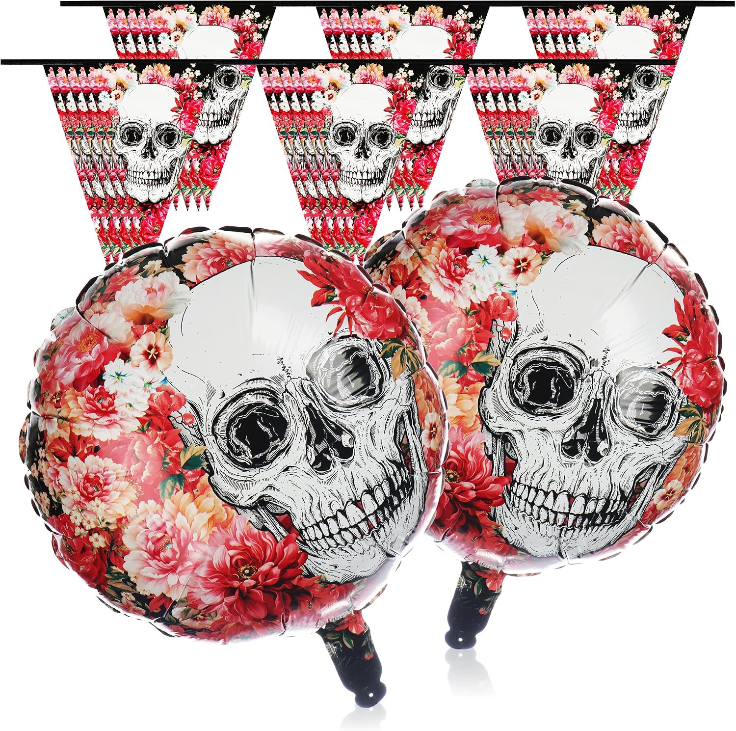 COM-FOUR® 4-Piece Set of pennants and foil Balloons, Hanging Decoration Set for Halloween, Birthday, Motto Party - Day of The Dead Design (4-Piece - Halloween Set)