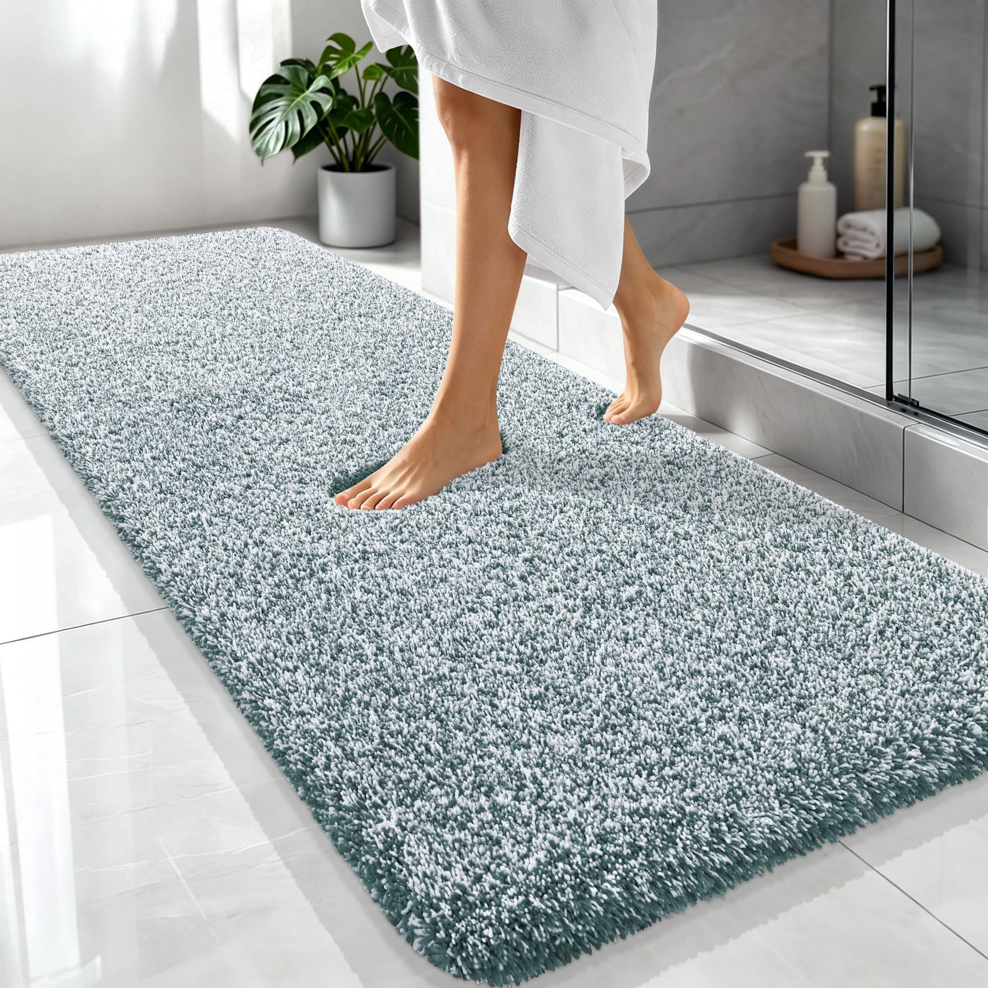 OLANLY Microfiber Soft Bathroom Rugs Mats 70x24, Blackish Green and White