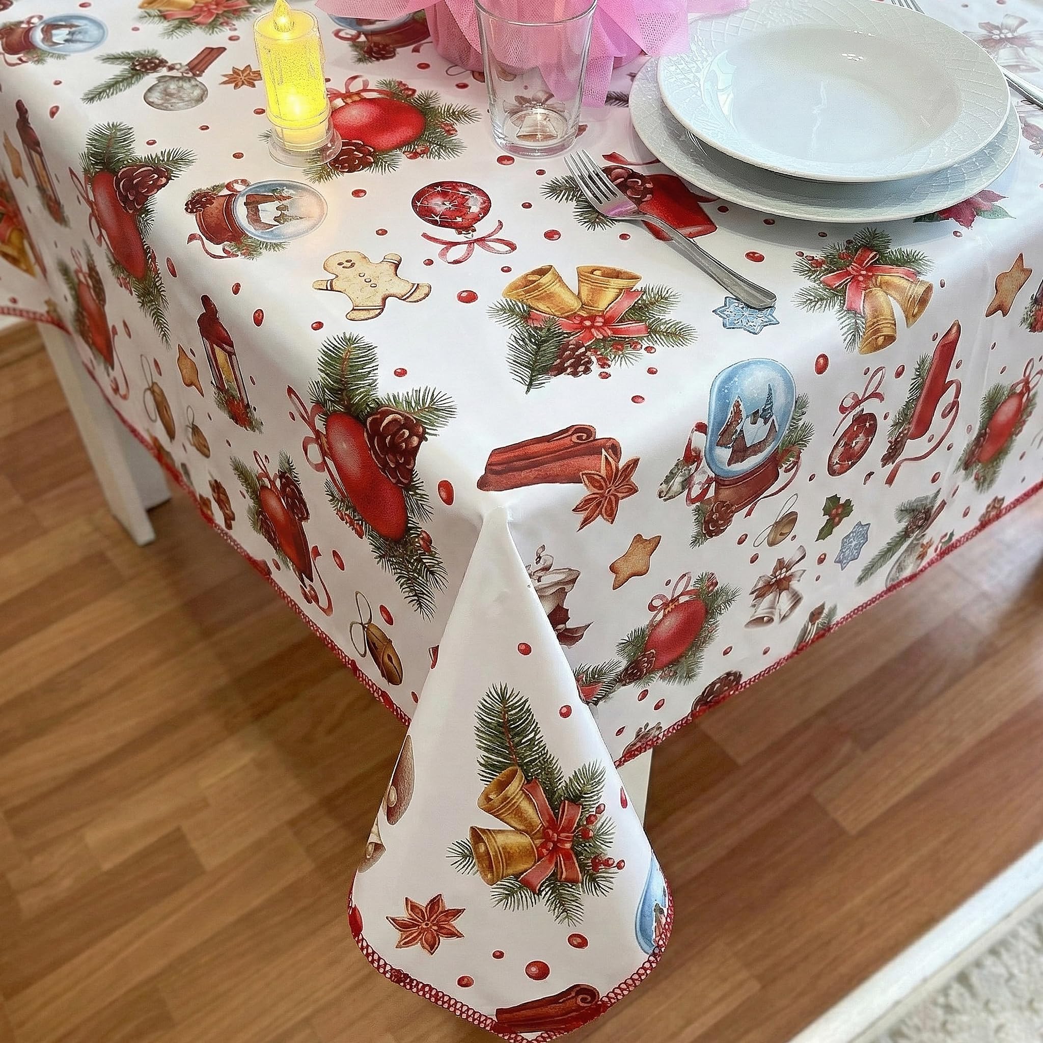 Mantel de Navidad - Cubre Mesa Navideño con Reverso de Franela, Antimanchas, Fácil de Limpiar, Mantel Rectangular Impermeable para Navidad (Fiesta, 140x140)