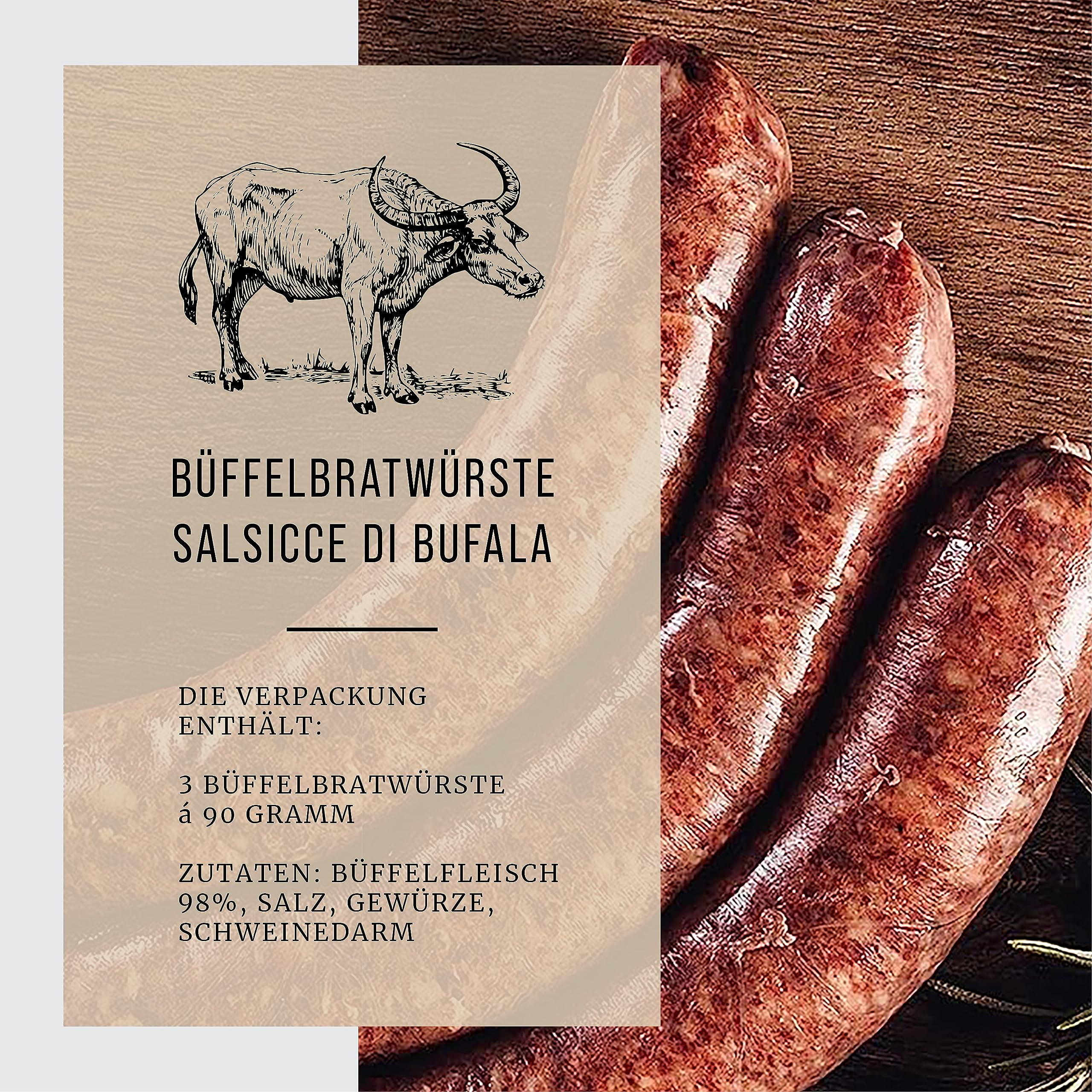 BÜFFEL BILL Büffel Bratwurst - 12 Stück á 90g I Gourmet Bratwürste aus 100% Wasserbüffelfleisch & natürlichen Gewürzen verfeinert I Geschmacksintensiv