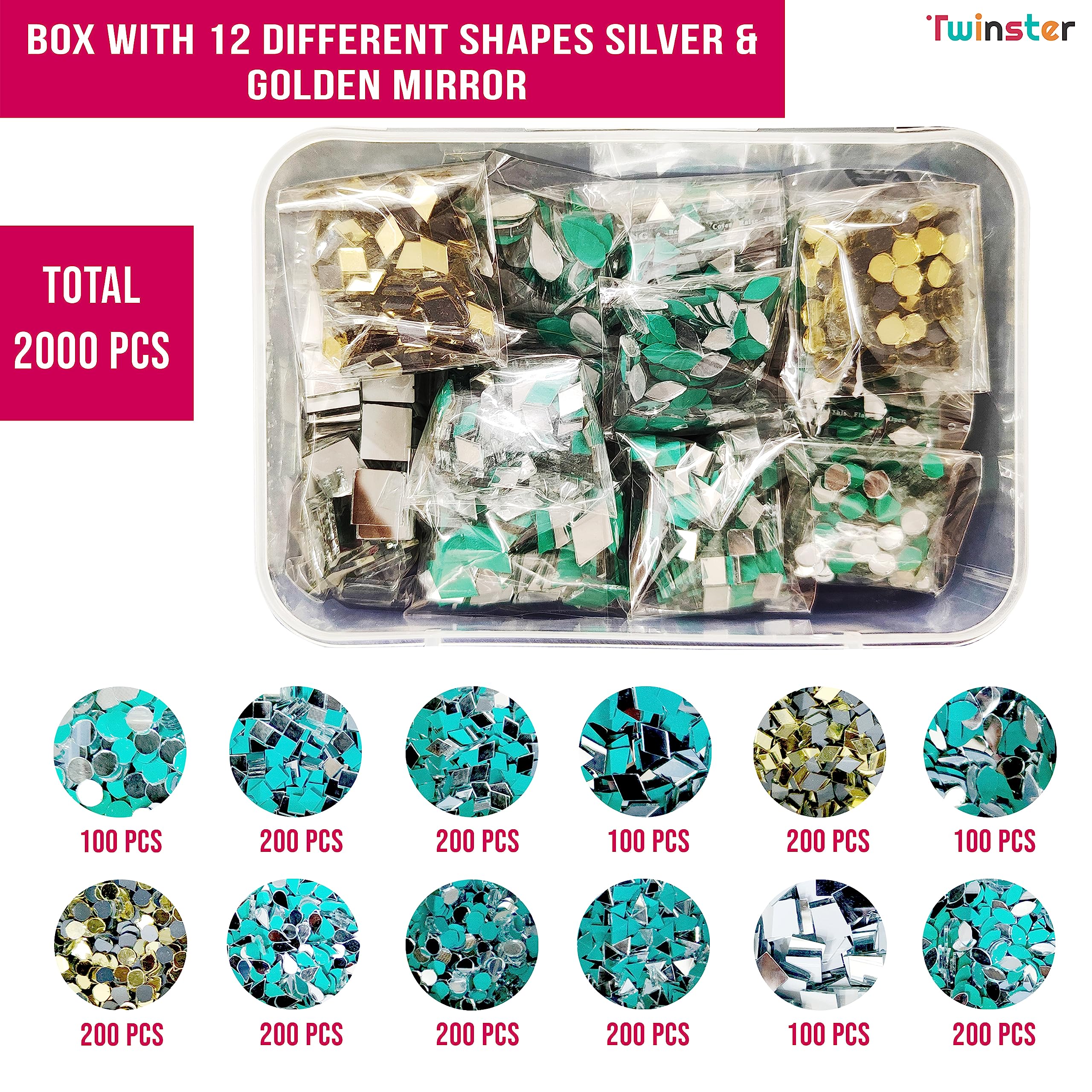 Twinster Mirror for Craft Work Silver and Golden Mirror (12 Different Shapes in Total 2000 pcs) Kit Mirrors DIY Best Mirror Kit for Art and Craft? 3