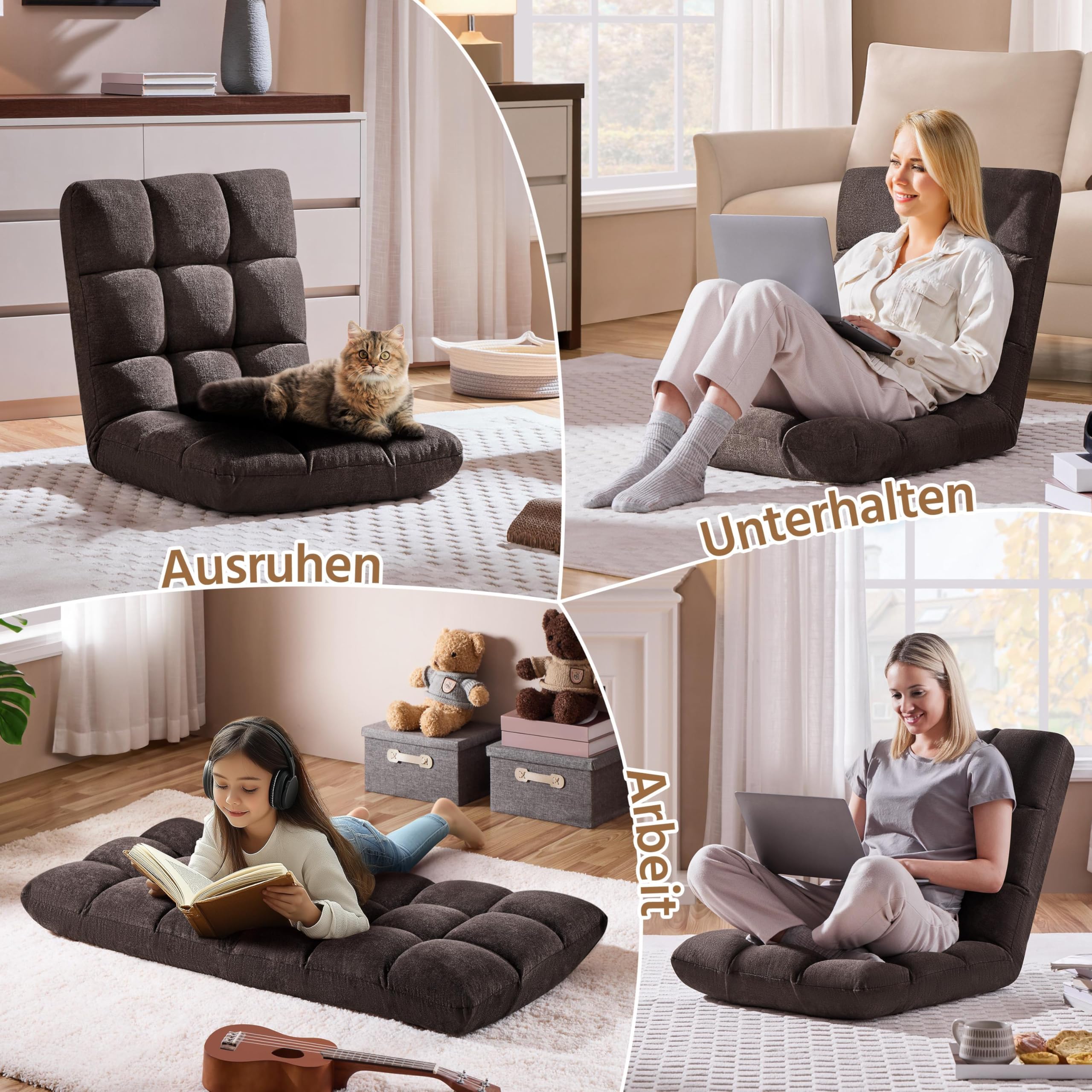 Yaheetech Bodenstuhl Faltbar, Lazy Sofa, Relaxsessel klappbar, Meditationsstuhl, Bodensessel mit Verstellbarer Lehne, Lesesessel für Zuhause oder Büro Braun