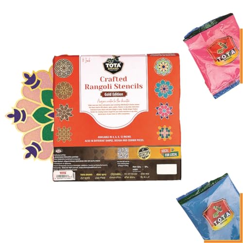 Image of TOTA Rangoli Stencil - Set of 2 Rangoli Colours + 1 MDF Stencils 6X6 inch | Reusable 3D Rangoli for Diwali Home Decoration Navratri Pongal Onam Puja