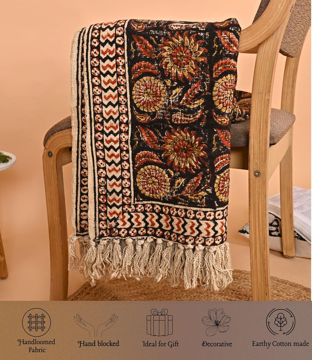 Handmade Cotton Throw Blanket 120 x 180 cm | Bohemian Mud Cloth Handblock Floral Sofa Throw with Tassels | Black Lightweight Bedspread for Couch, Home Décor, Living Room and Bedroom