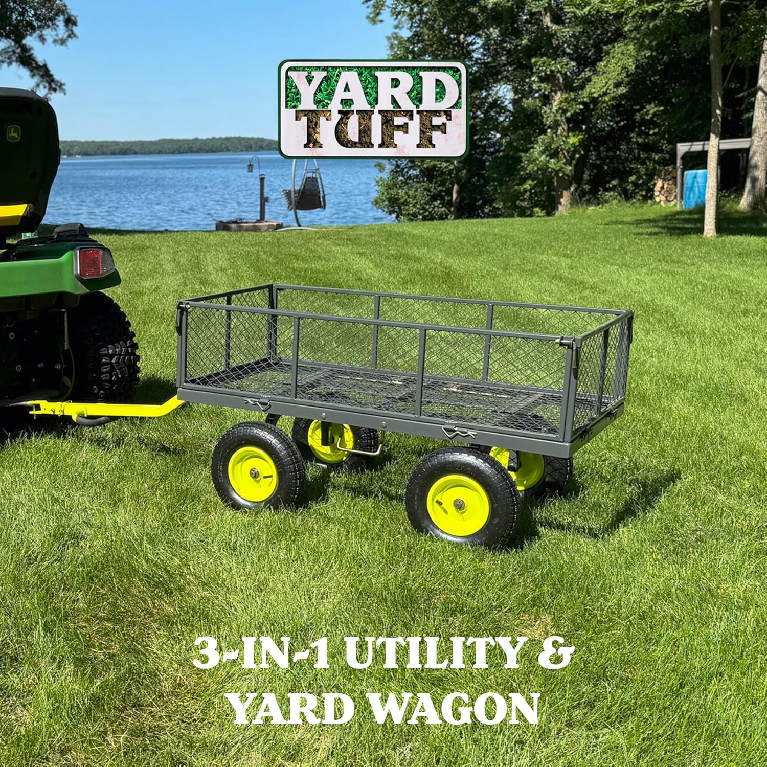 Yard Tuff 3-in-1 Dual Side Dump 24" x 48" Wagon with Fold Down Sides, 13" Pneumatic Tires, Easy Release Latch, and 1000 lb. Capacity, Grey/Green