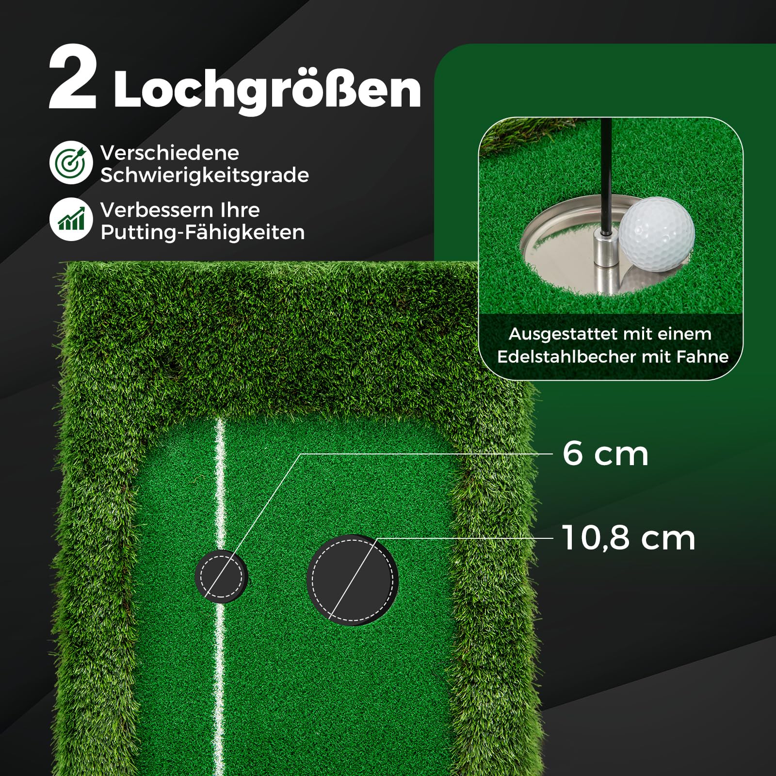 COSTWAY 300 x 50 cm Golf Puttingmatte, Putting Green mit 3 Golfbällen & 2 Lochgrößen, Trainingsmatte für Indoor & Outdoor, Übungsmatte faltbar für Büro, Garten & Terrasse