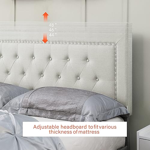 Miniatura 3 de Base de cama de plataforma tapizada tamaño matrimonial con cabecero ajustable de 48 pulgadas de alto, cama de terciopelo de lino con botones,