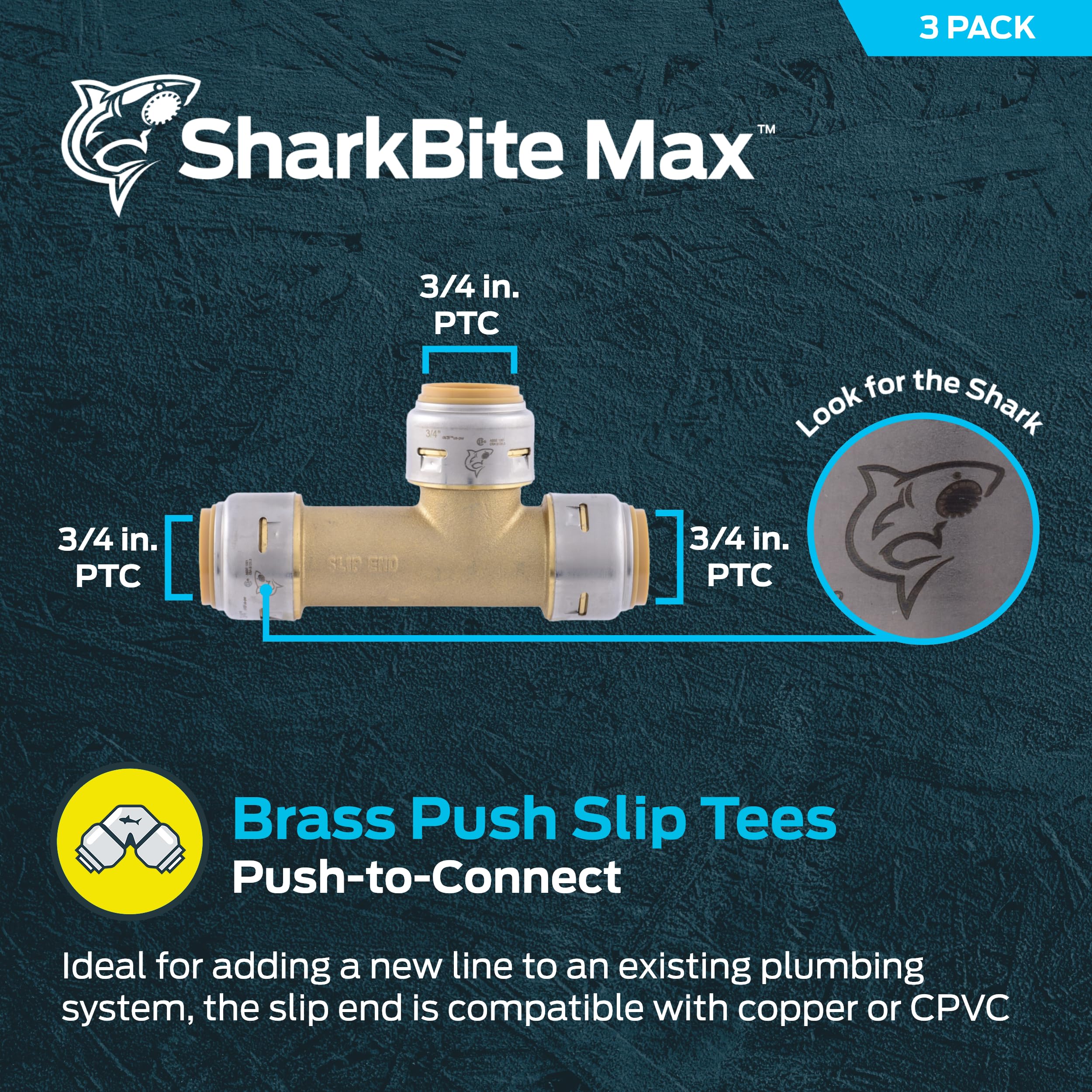 SharkBite Max - Camiseta deslizante de 3/4 pulgadas, paquete de 3, ajuste de fontanería de latón a presión, cobre y CPVC, UR3370