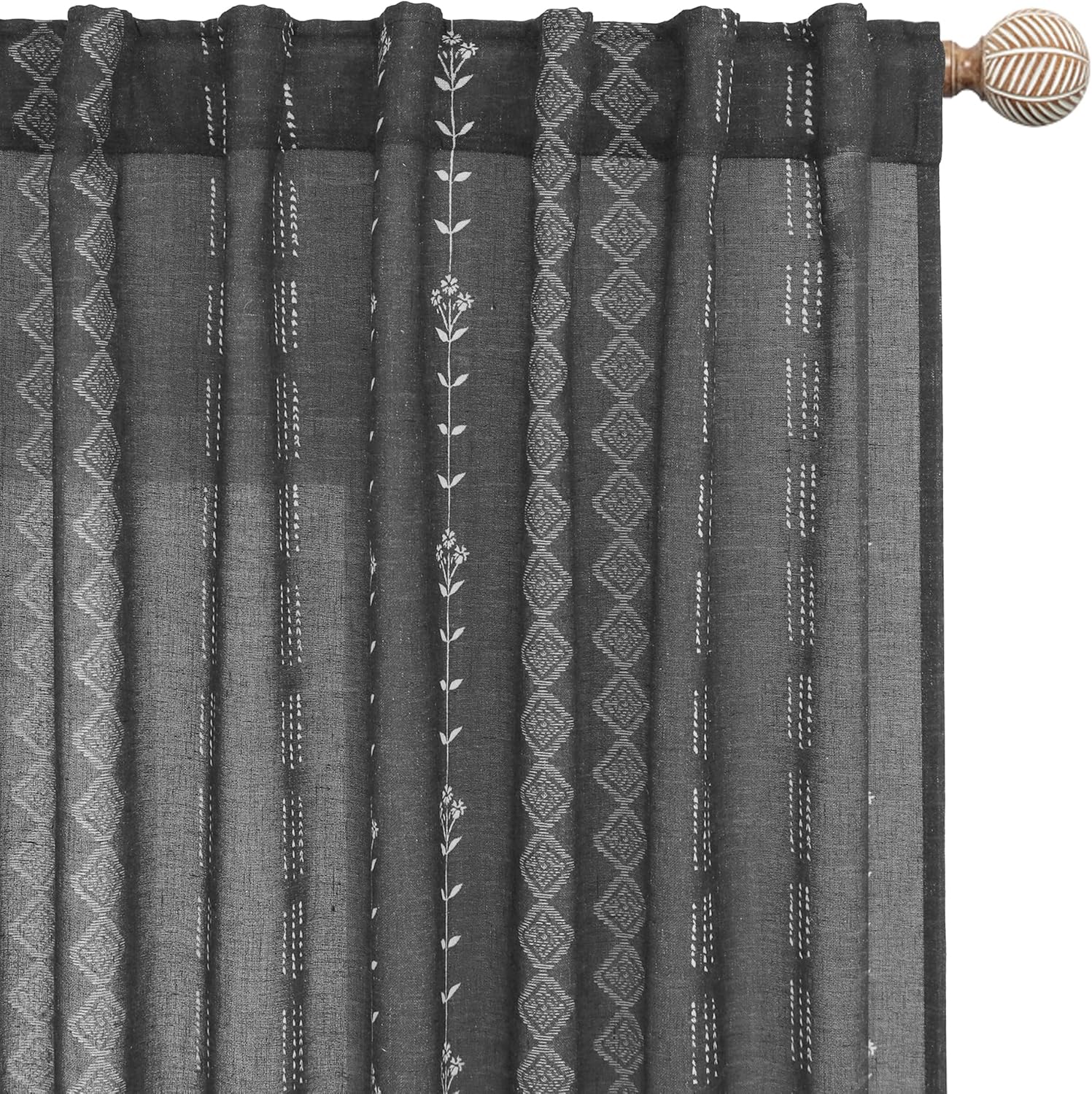 Black Curtains for Bedroom,Sheer Linen Light Filtering Boho Curtains for Kitchen Bathroom Window Living Room,63 Inch Length 50"W x 63"L (Pack of 2) Black