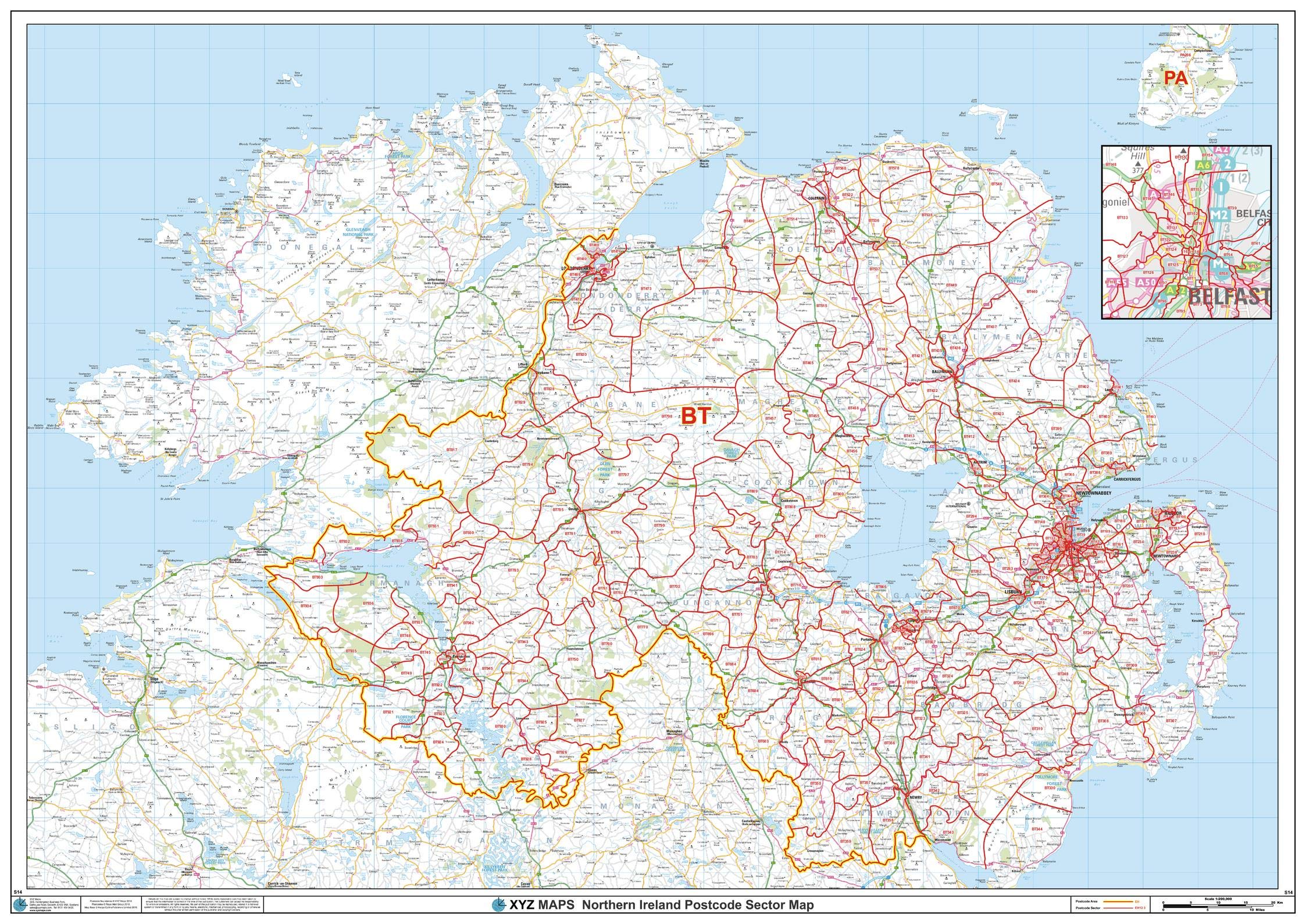 Northern Ireland Postcode Sector Wall Map (S14) - 47" x 33.25" Paper