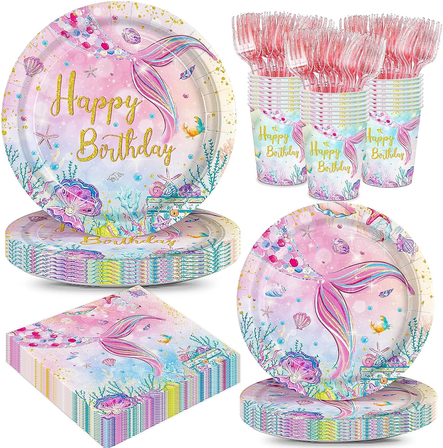 120Pcs Mermaid Birthday Party Plates Under the Sea Ocean Paper Disposable Tableware Set for Girls Kids Birthday Party Decorations Serve 24