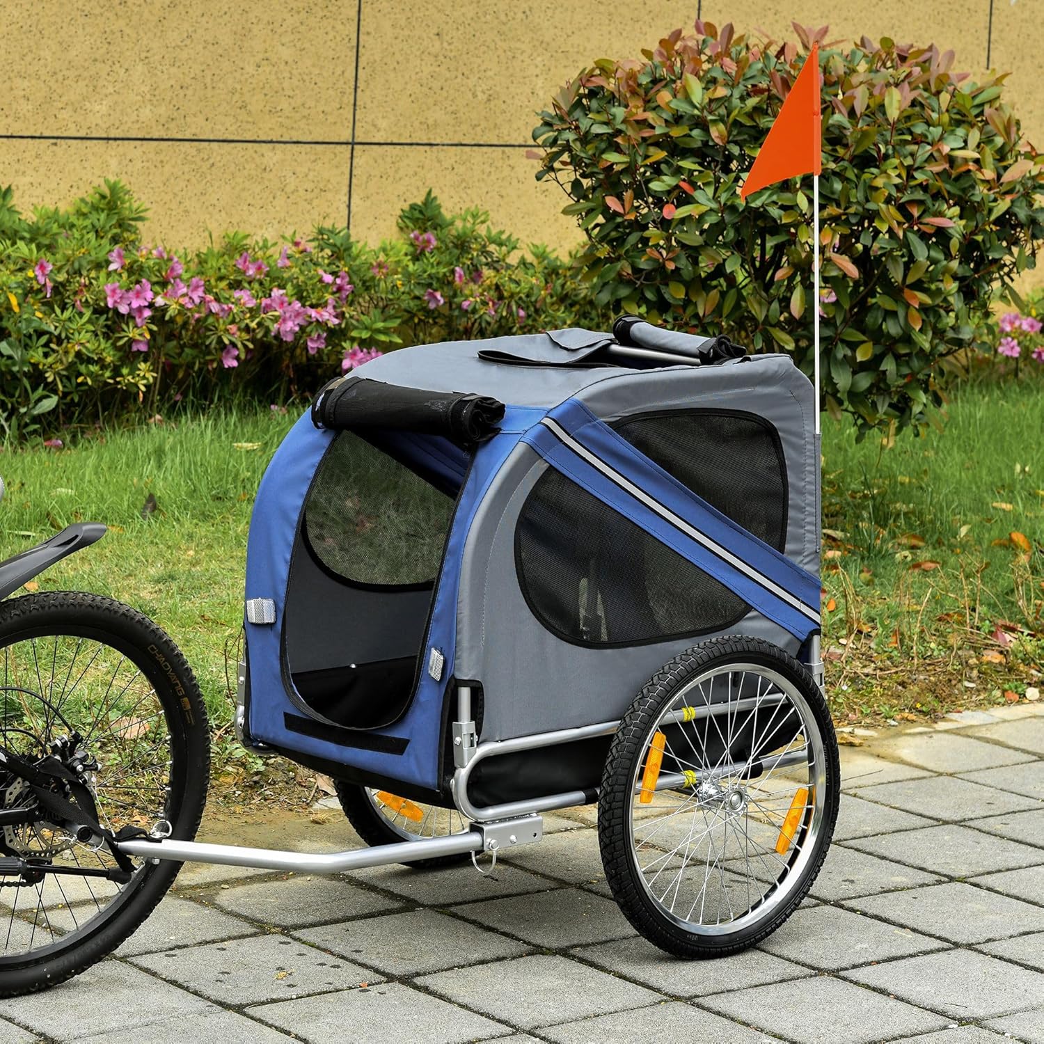 3Entrances Blue/Grey Mesh Screen Off-Road Wheels Pet Bicycle Trailer Cart for Dogs Durable Materials Safety Features and Comfort
