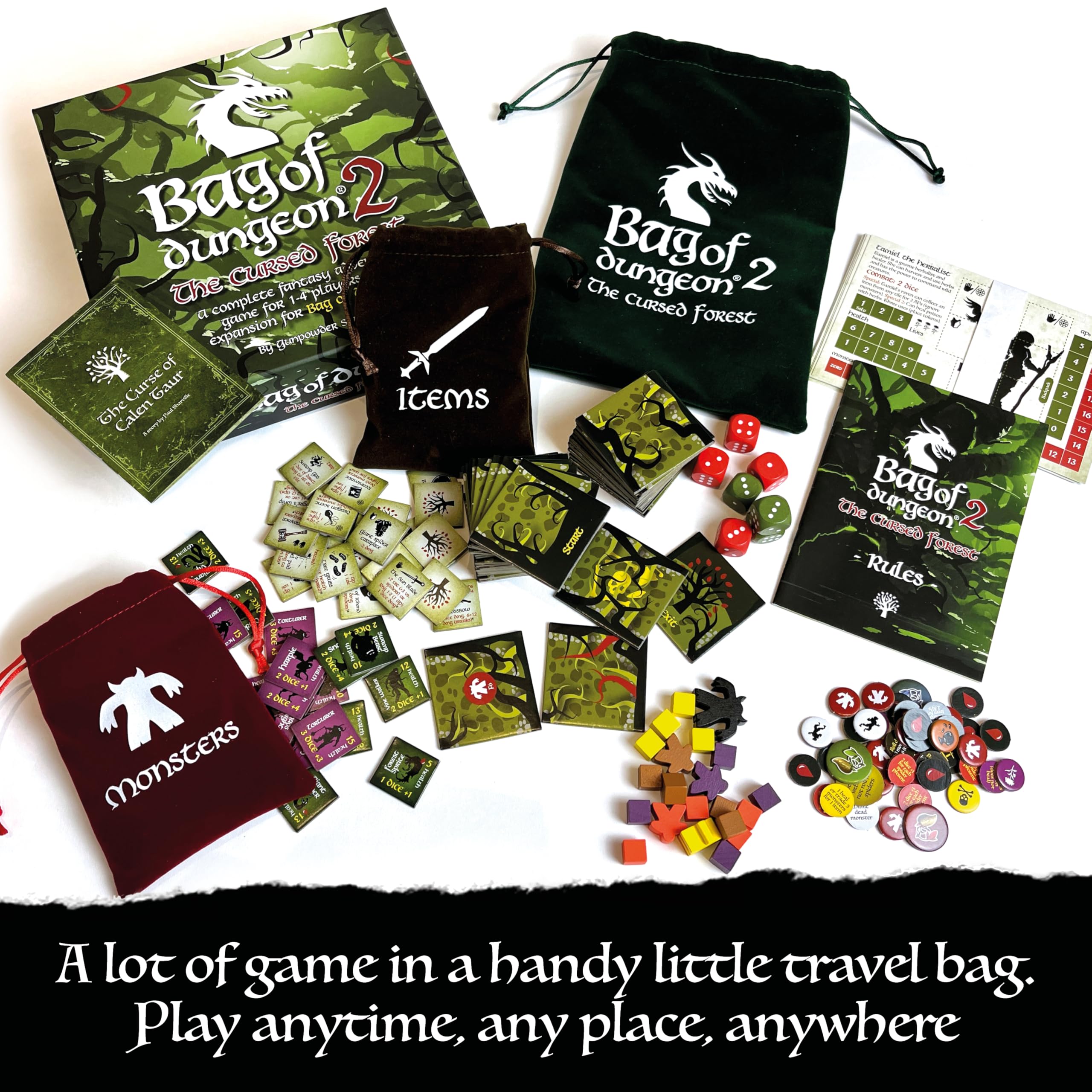 Bag of Dungeon 2: The Cursed Forest | Fantasy Adventure Board Game – Standalone or Expansion | Portable Dungeon Crawler RPG | 1–4 Players | Ages 7+ | Family & Solo Play | Dragon-Themed Tile Game