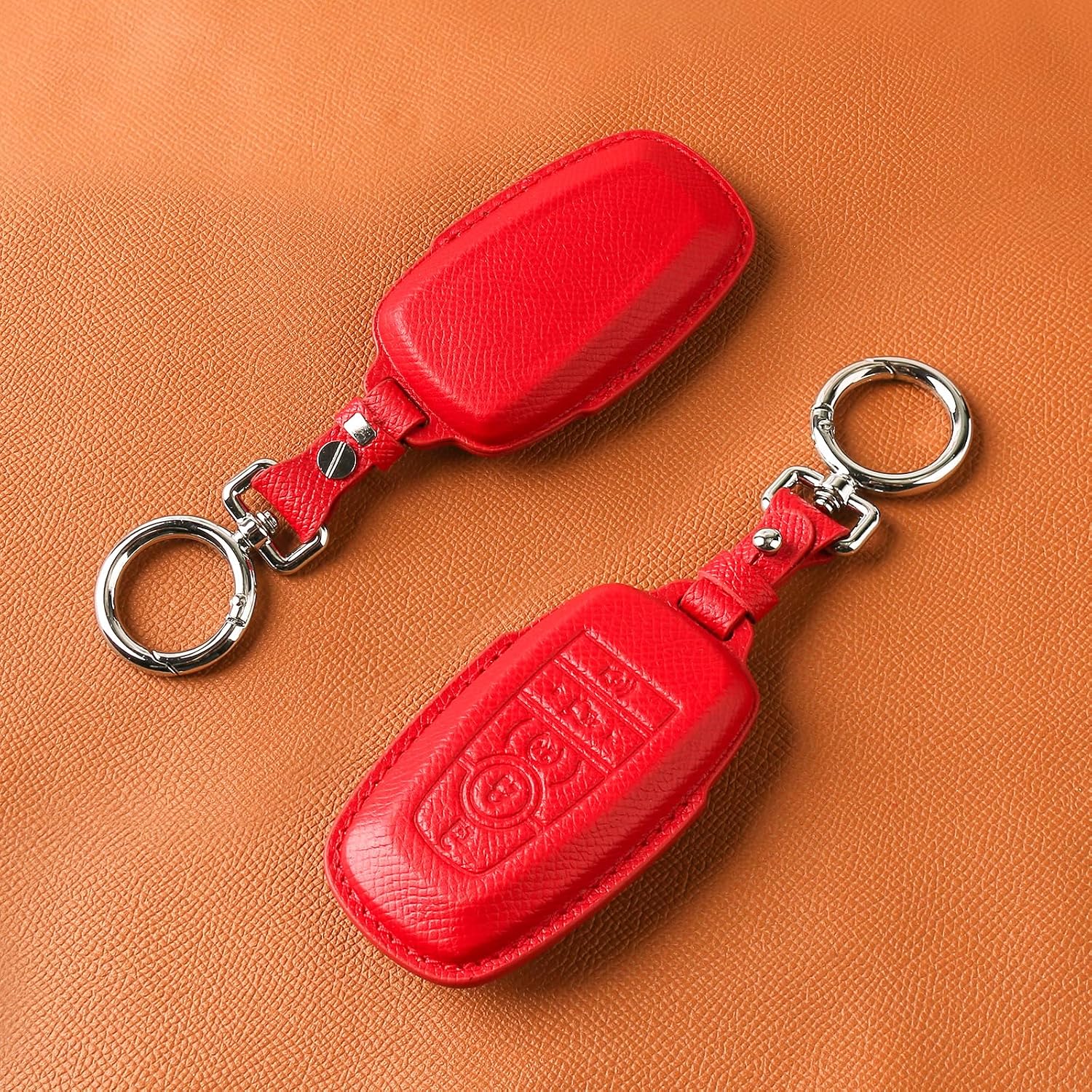 Leather Key Fob Cover with Keychain Compatible with Ford Explorer Mustang Escape F150 F250 F350 F450 F550 Edge Key (Red)