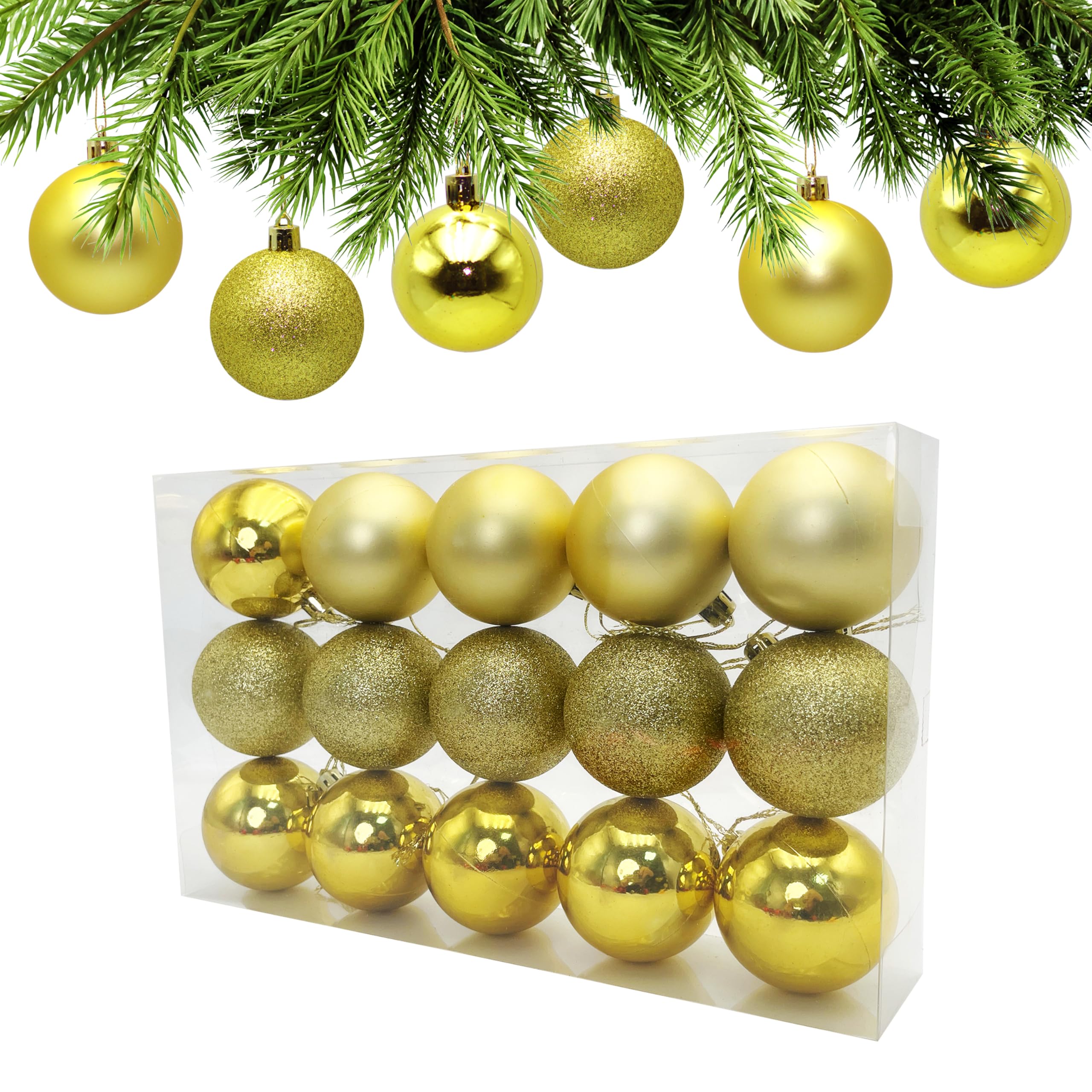 AiTodos 15 Stück Gold Weihnachtskugeln - 3Designs-6cm Unzerbrechliche Weihnachtsbaumschmuck, Glänzende & Mattierte Gold Kugeln für Weihnachtsbaum, Heimsfeier, Krone, Girlanden Deko