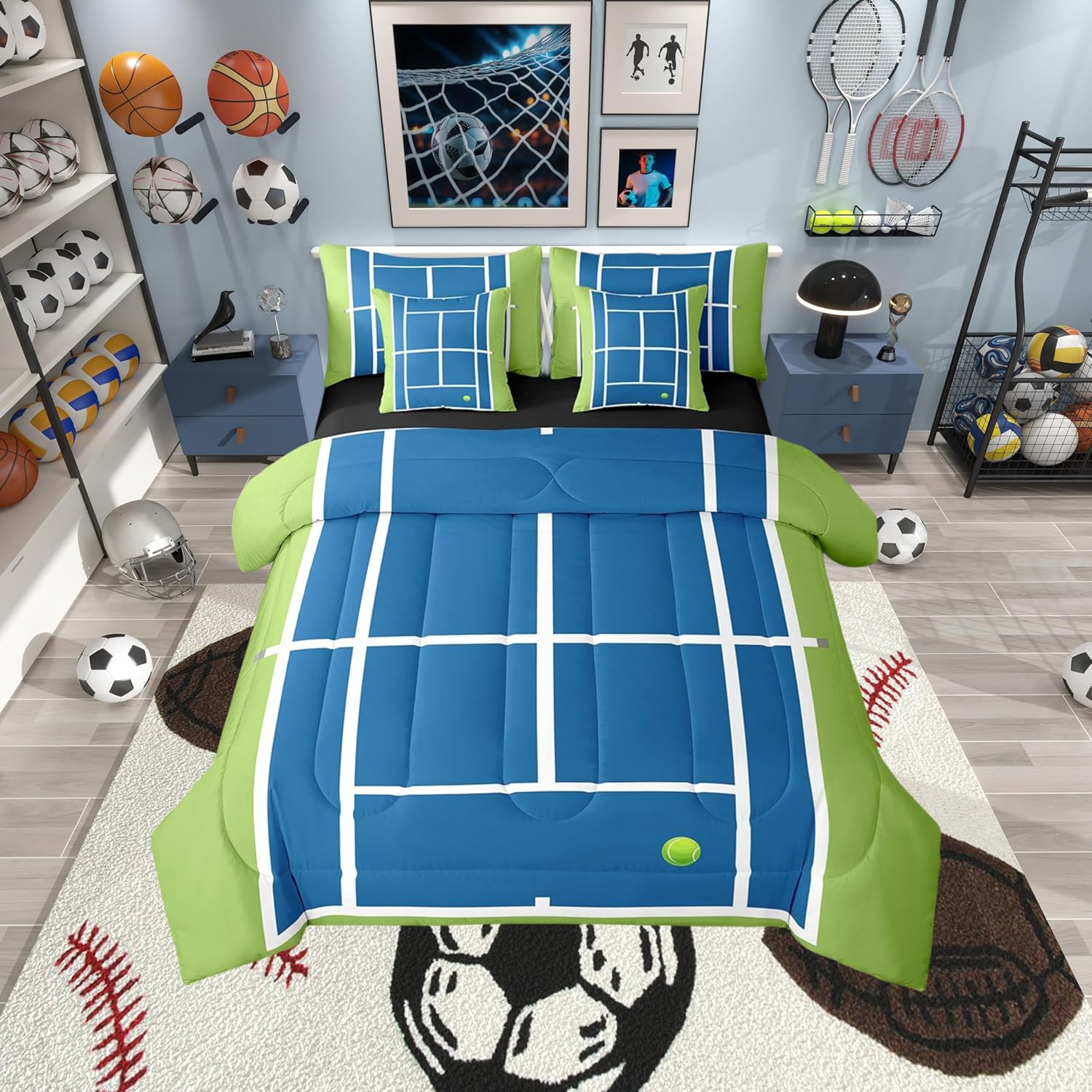 Manfei Tennis Court Bed Set in a Bag 7 Pcs,US Tennis Competition Sports Game Field Bedding Set,Geometric Stripes Patchwork Blue Green Comforter with Fitted,Flat Sheet,Pillowcase,Pillow Covers,Twin