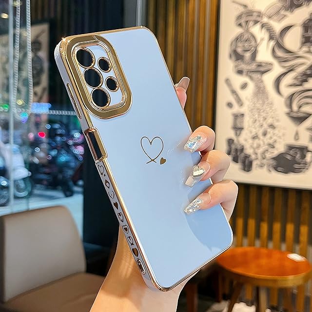 ZTOFERA Compatible with Samsung Galaxy A13 4G Case for Girls Women, Flexible Silicone Protective Phone Case with Cute Love Heart Pattern Golden Edging Shockproof Bumper Cover, Sierra Blue