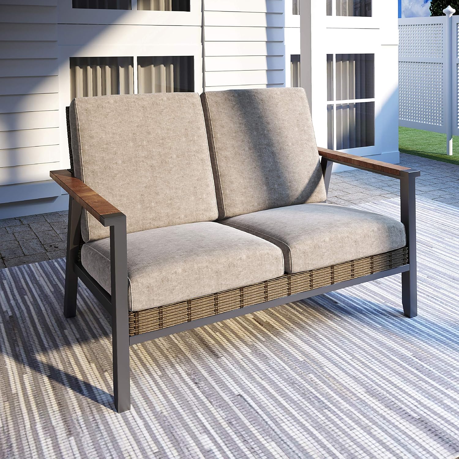 LOKATSE HOME Patio Wicker Loveseat Outdoor Rattan Furniture with Removable Thick Beige Cushions Steel Frame for Garden, Yard, Porch, Gray : Patio, Lawn & Garden