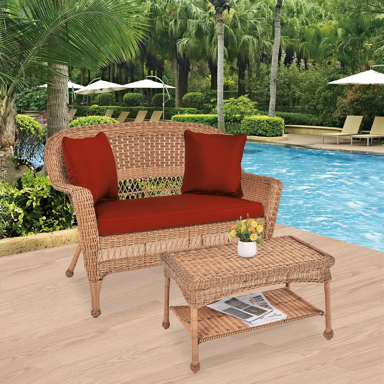 Jeco Wicker Patio Love Seat and Coffee Table Set with Red Orange Cushion, Honey