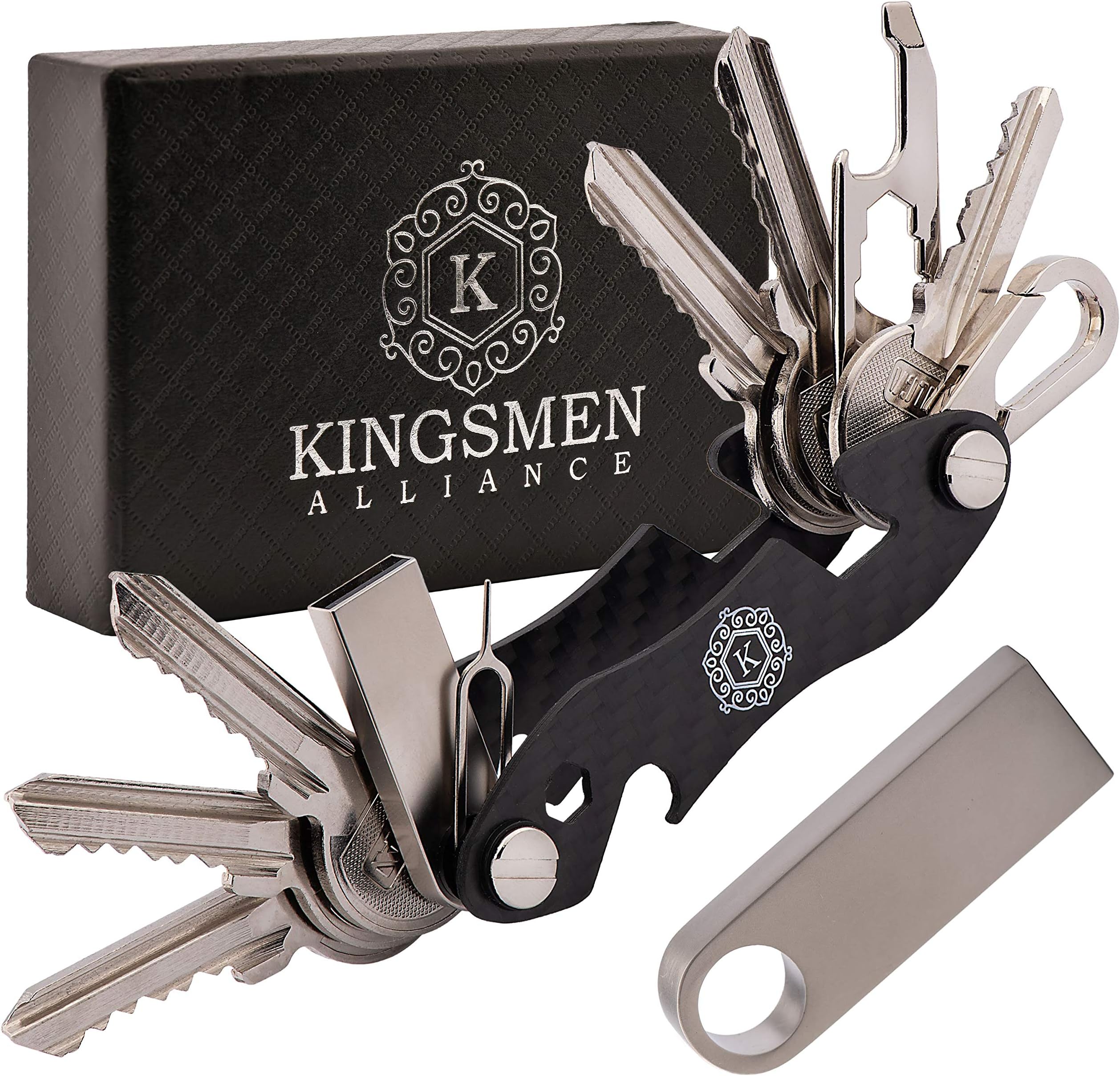 Compact Smart Key Organizer Keychain – Premium Carbon Fiber Key Holder for Keychain with Keychain Accessories (16 GB USB, Multitool, Key Ring), Attach Car Key Holder & EDC, 25 Keys (Black)