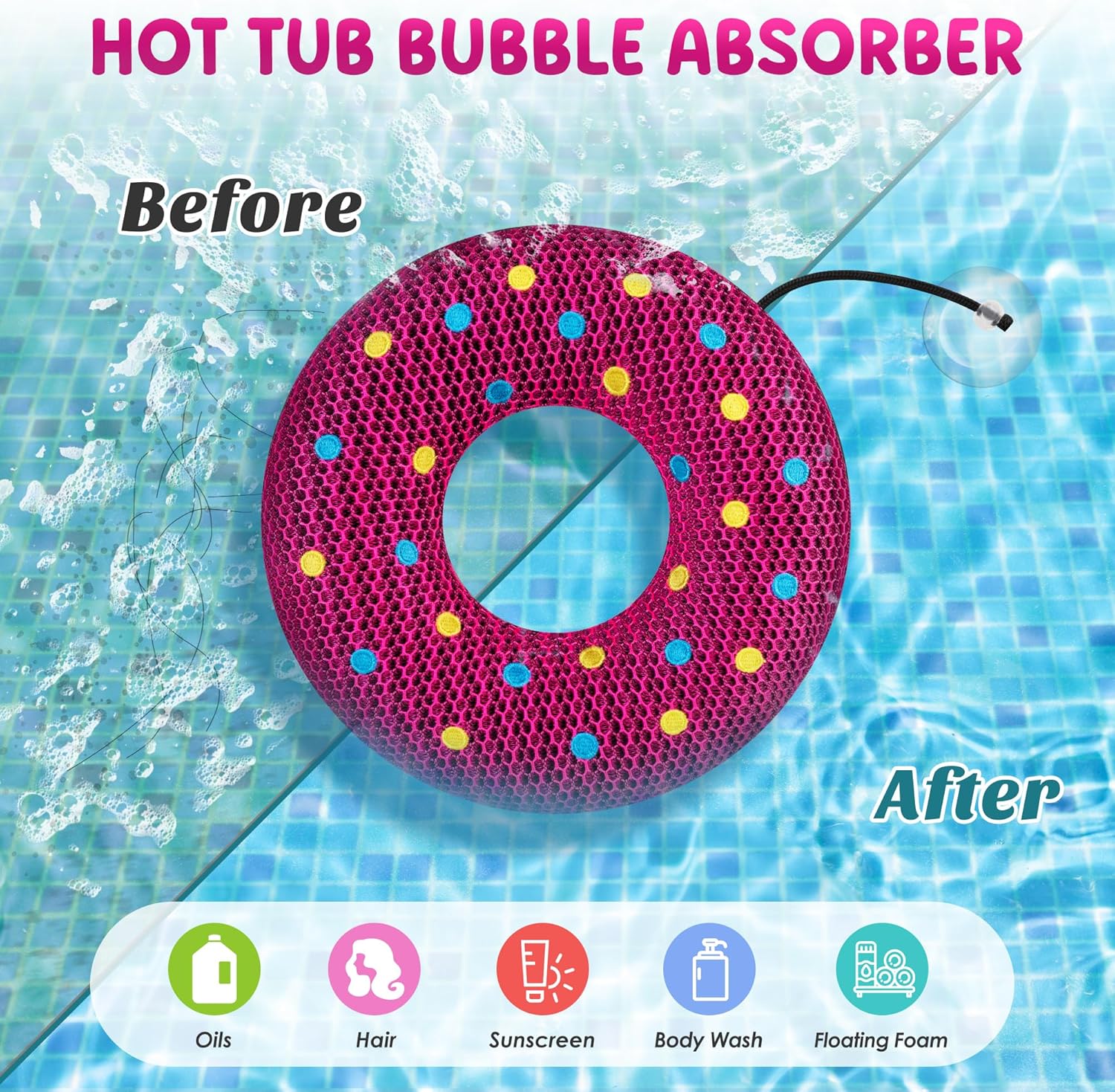 Hot-Tub-Scum-Absorber Doughnut Oil-Absorbing-Spa-Sponge-Hot-Tub-Floating-Sponge Pool-Cleaning-Sponge Hot-Tub-Scum-Bug-Reusable Keep Water Cleaner-Hot-Tub-Spa-Accessories for Adults Kids 2-Pack