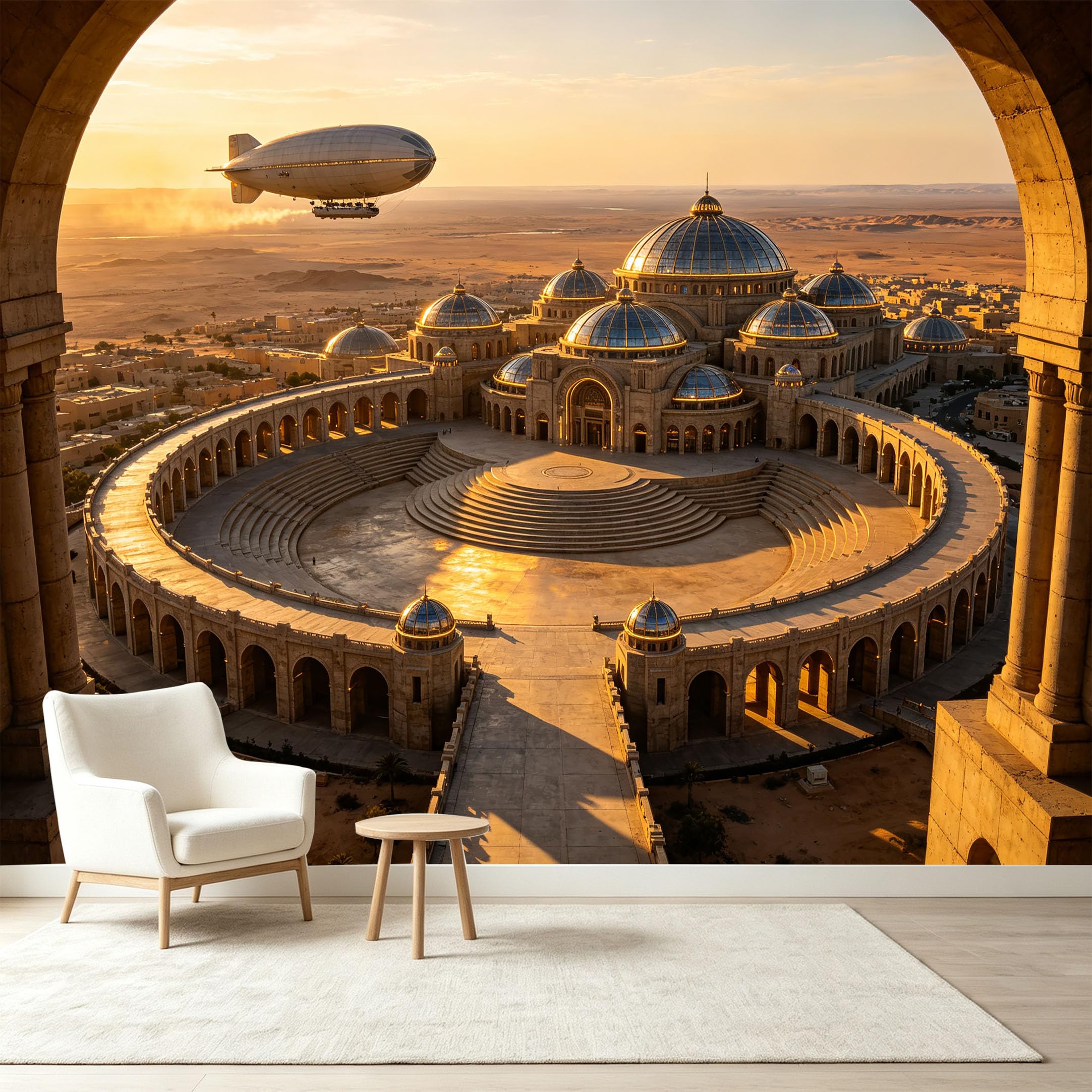 Custom Size Wall Murals Neoclassical Palace Architecture Sunset Desert Airship Scenery Self-Adhesive Wall Fabric Removable Wallpaper Wall Decor for Living Room Bedroom Bathroom