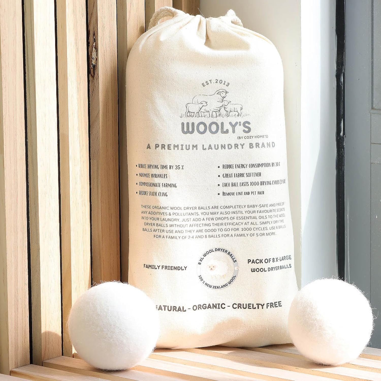 6-Pack Organic XL Wool Dryer Balls, Natural Fabric Softener, 1000 Drying Cycles, Replaces Dryer Sheets, Eliminates Wrinkles & Pet Hair & Static Cling, 45% Less Drying Time, 45% Less Energy, Baby-Safe